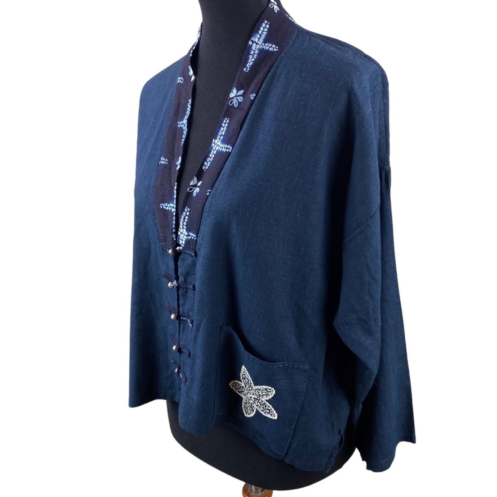 Boho Womens Handmade Lightweight Indigo Batik Jacket Size M/L Art to Wear