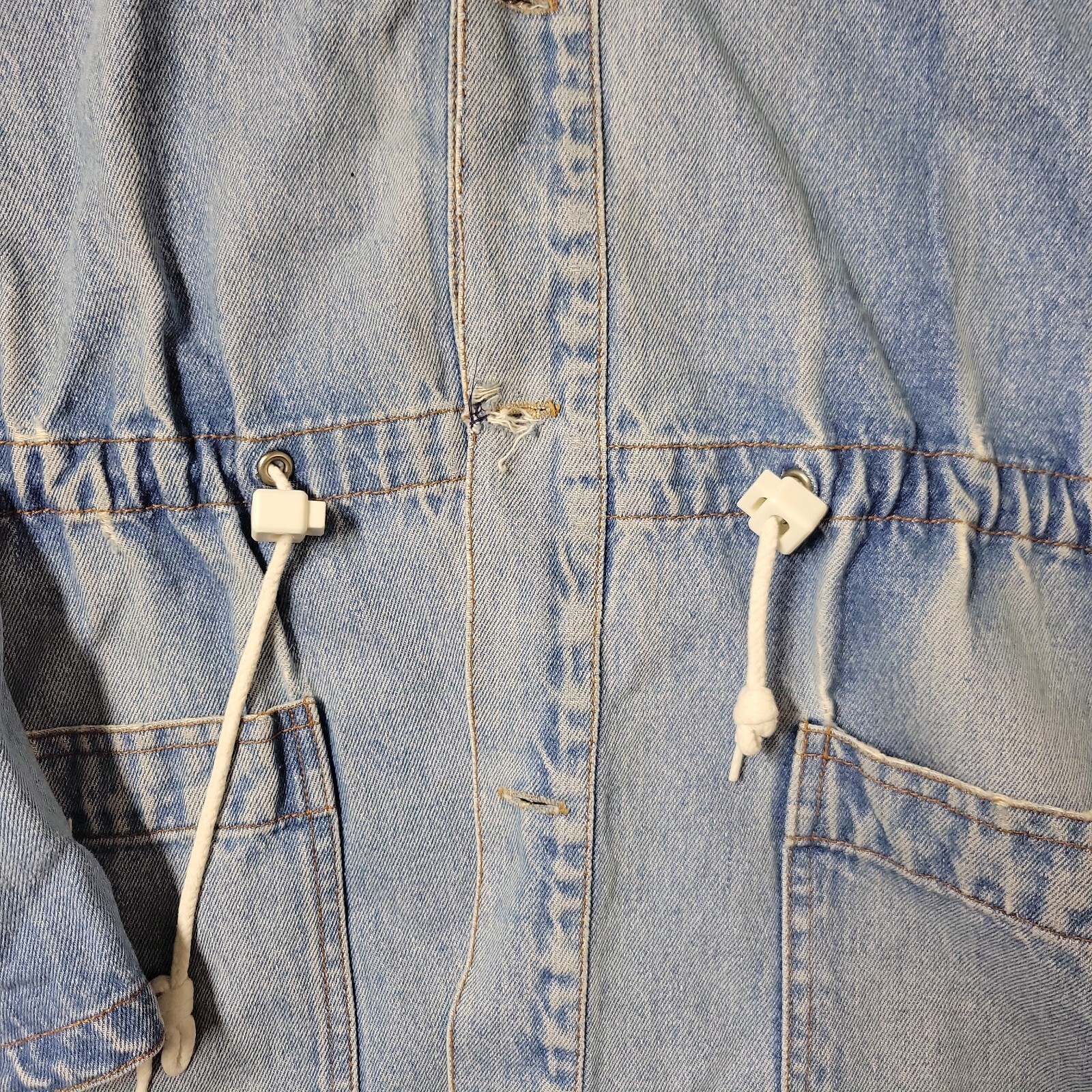 VTG ANDY JOHNS Denim Jacket Drawstring Hooded Grunge 90s 80s Light Wash READ