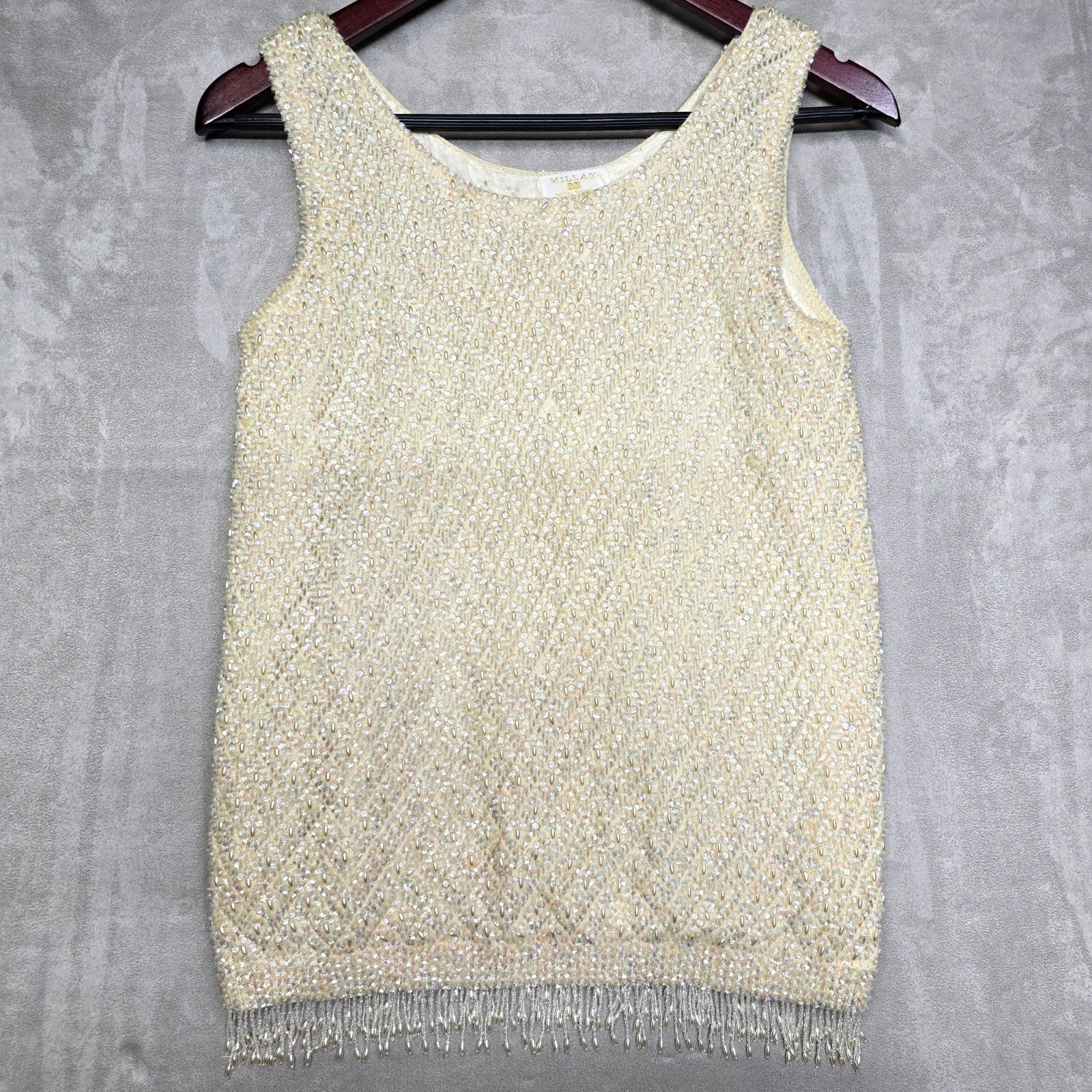Vintage Millay Faux Pearl and Sequin Beaded Wool Tank Top Fringe Hem Ivory Sz 40