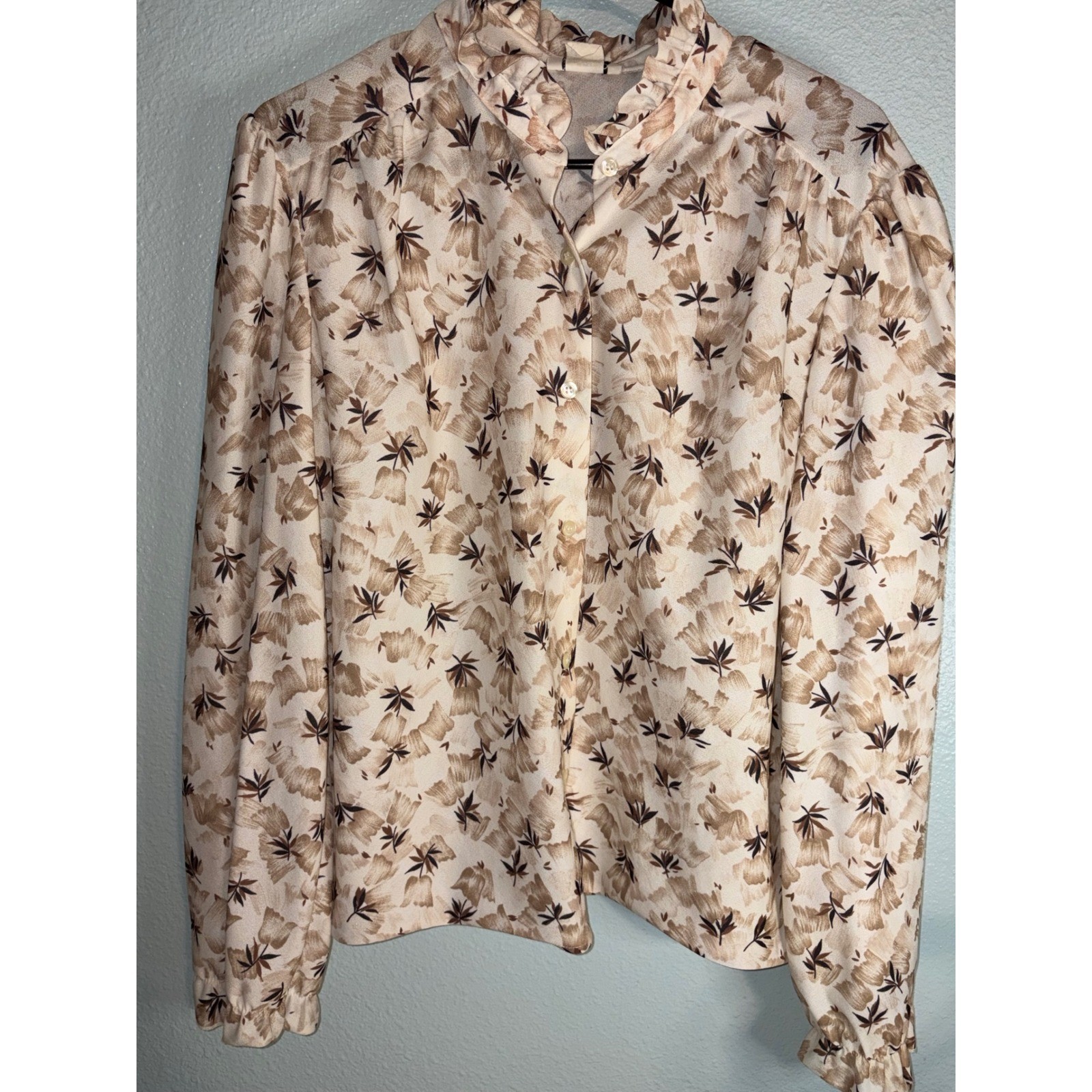 Vintage Cricket Lane Floral Ruffle Neck Blouse Tan Brown Long Sleeve Size 20 USA