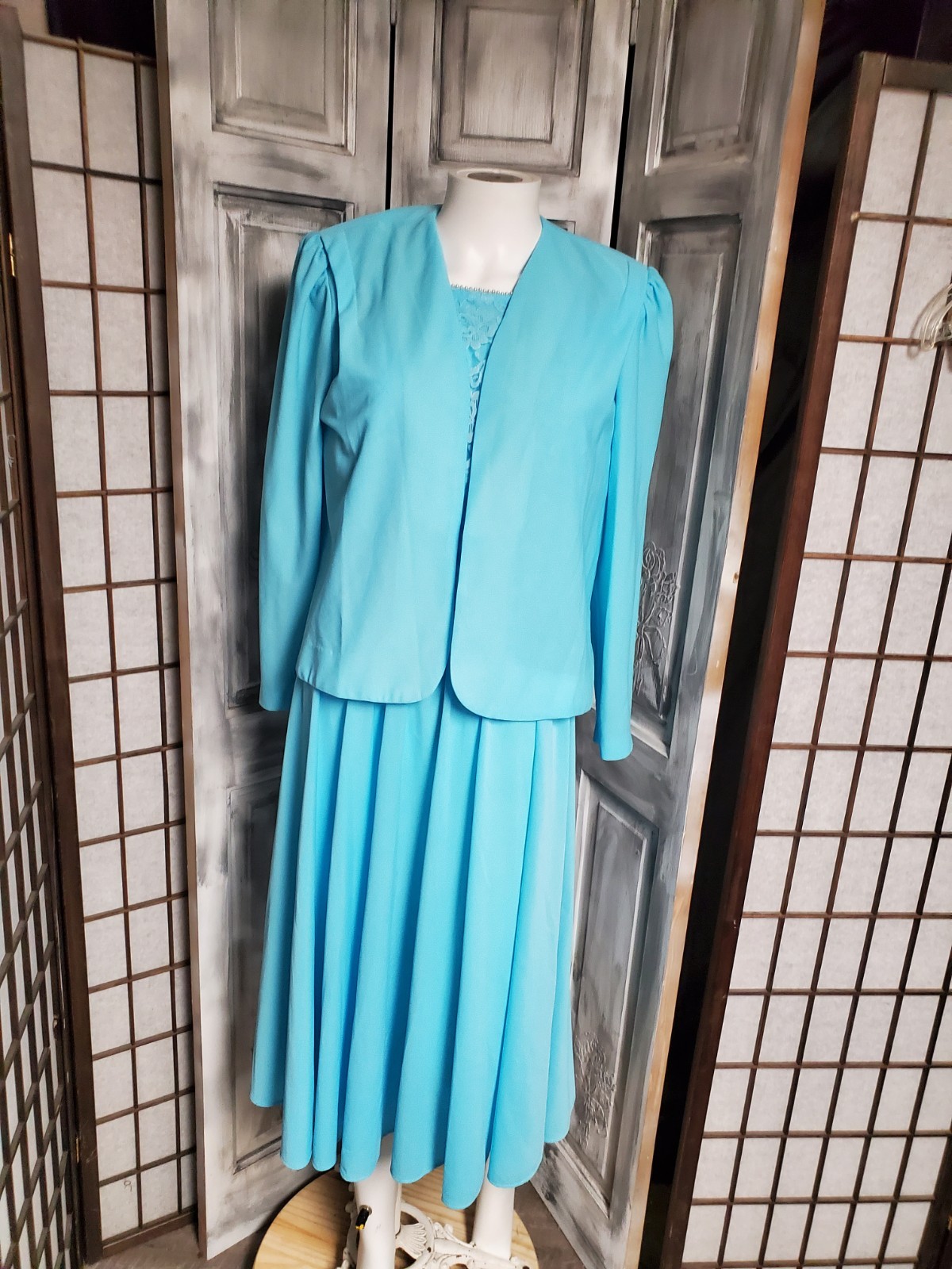 VTG 80s Boston Maid Peplum Dress Retro M Secretary 2 Pc Jacket Lace Faux Pearls