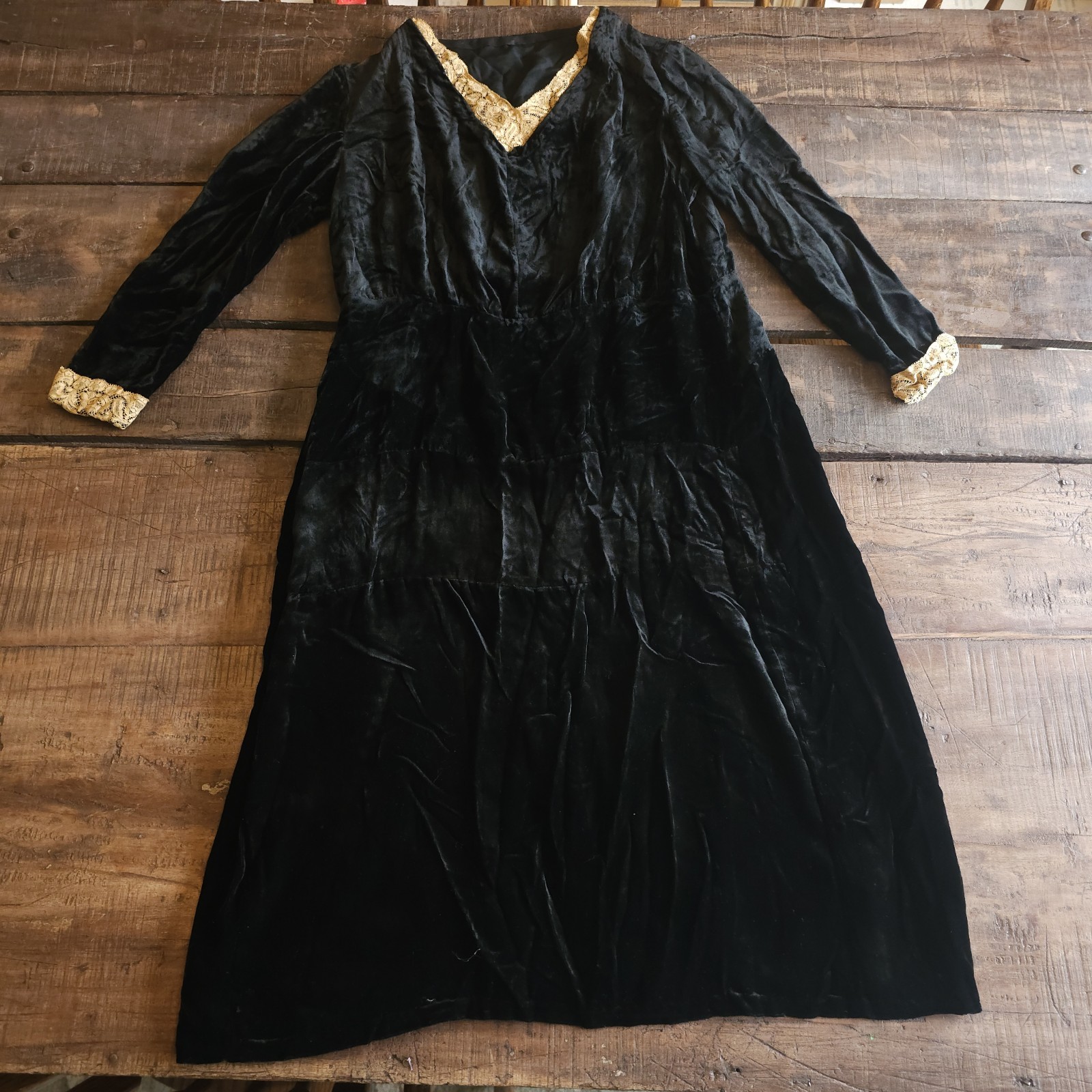 Antique Black Velvet Dress W/ Lace Detailing on Sleeves &Cuffs Long Sleeve Vneck