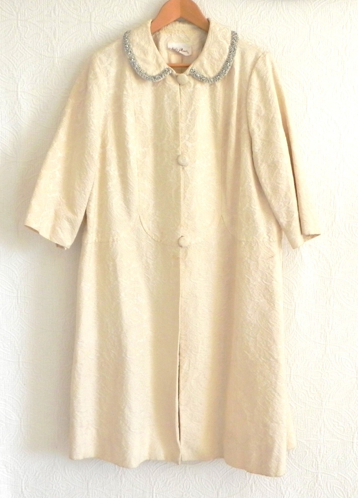 Vtg Leslie Pomer Coat Ivory Jacquard 3/4 Sleeve 3 Button Midi Size 10