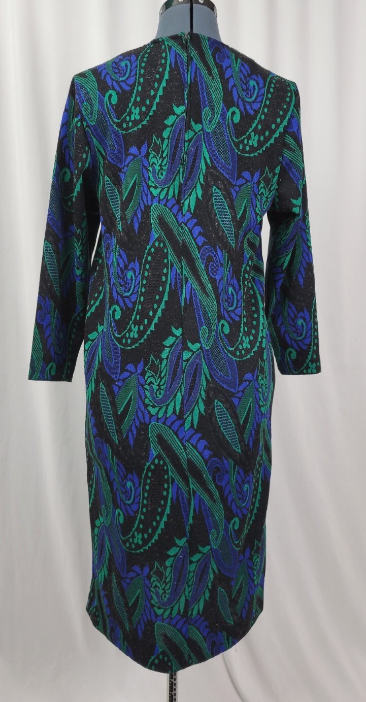 Vintage Newton Centre Black A-Line Sweater Dress w Blue/Green Paisley Size 6