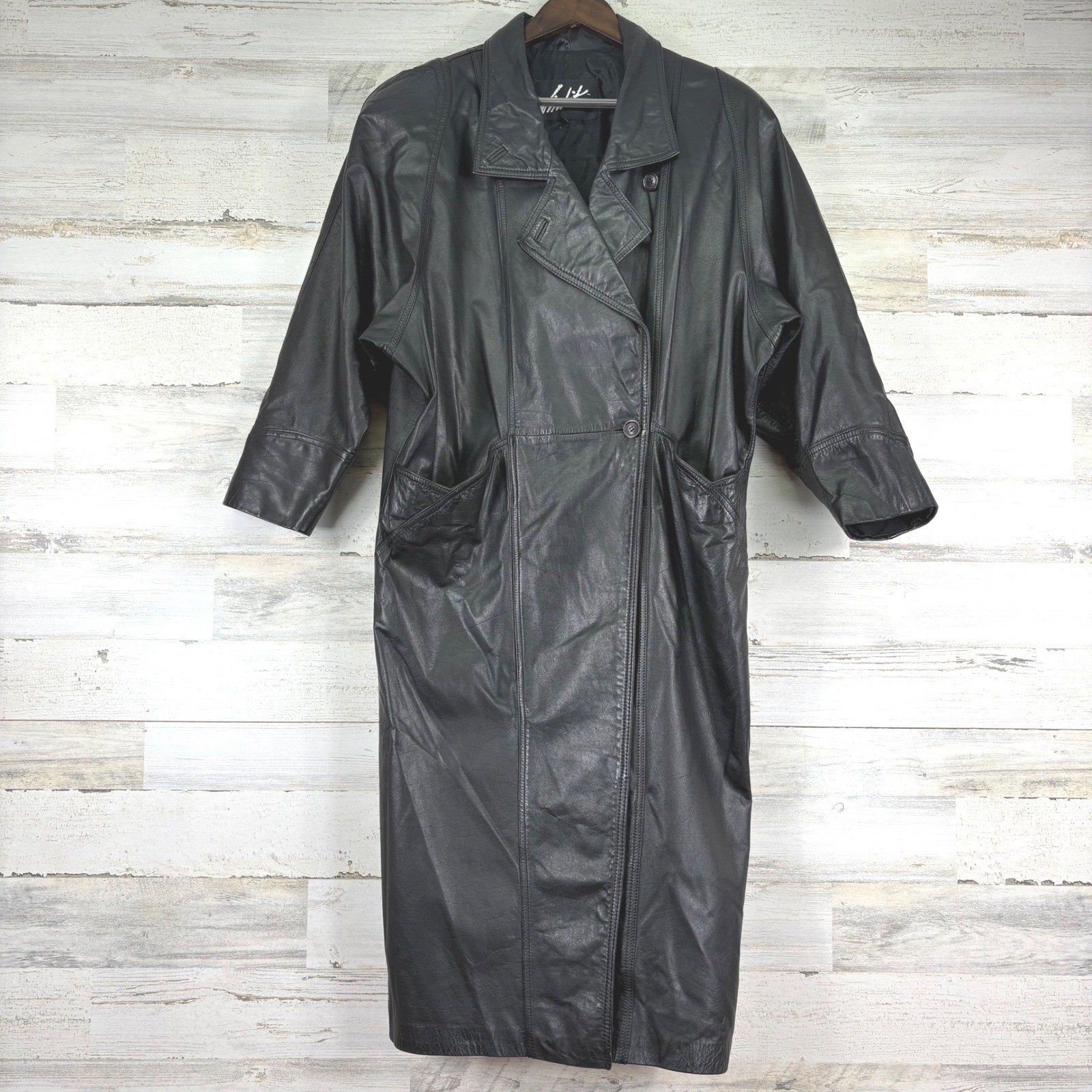 Vintage 80s Winlit Black Genuine Leather Trench Coat Midi Length Womens Size M