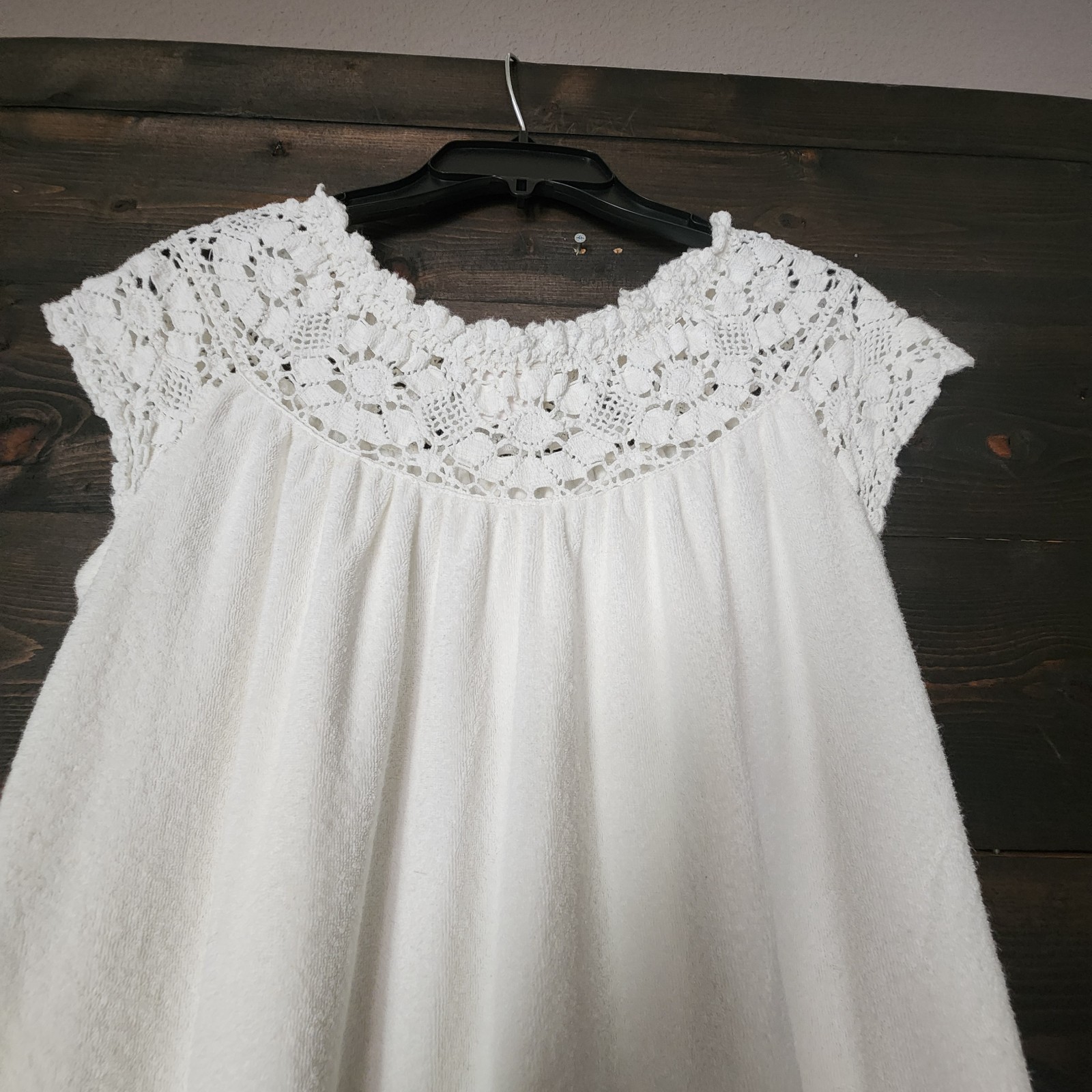 Vtg 80a Miss Elaine Terry Cloth Nightgown Maxi Dress Small White Crochet Lace
