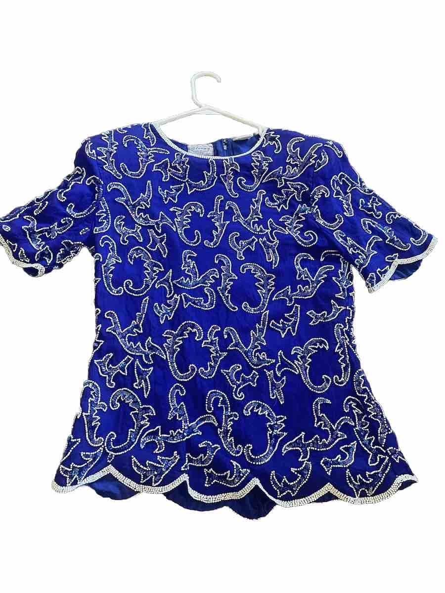 Stenay Short Sleeve 100 Percent Silk Blouse Beaded Vtg Women Size 8 Made India