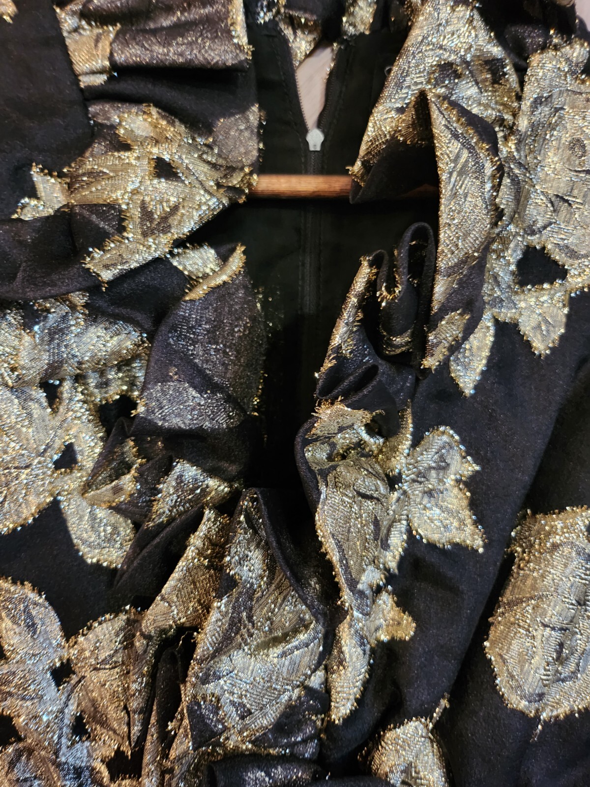 Roger Milot for Fred Perlberg VTG Gold Metallic Floral Ruffle Trim Evening Dress