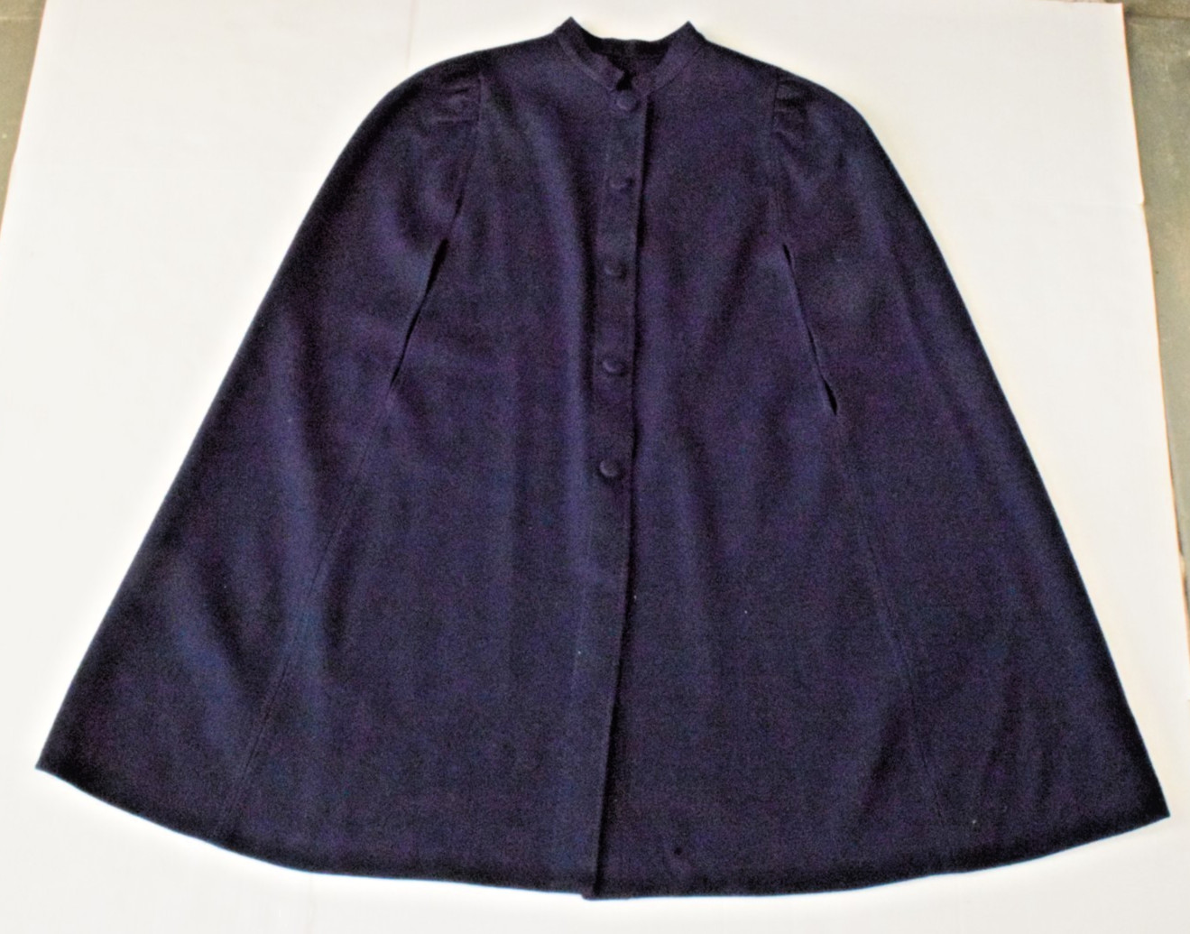 Vintage Cape Coat 1950s Navy Blue Wool Pleated Shoulders No Collar
