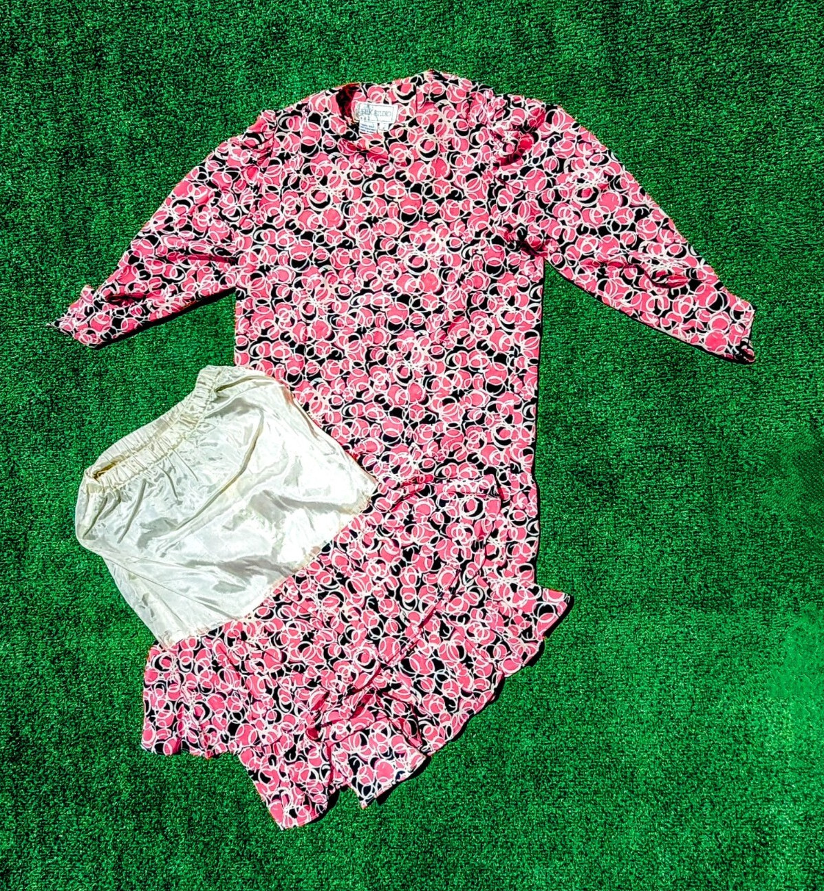 Vintage Silk Studio Button-Down Sz4 2-Pc Pink Circles L/S Top & Skirt Dress EUC
