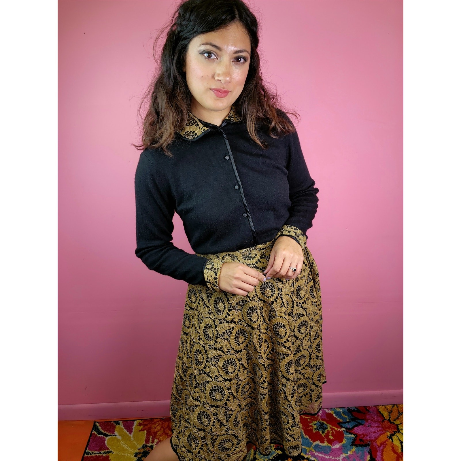 Vintage 1950’s Black and Gold Lace Cardigan and Skirt Set by Jantzen / Koret