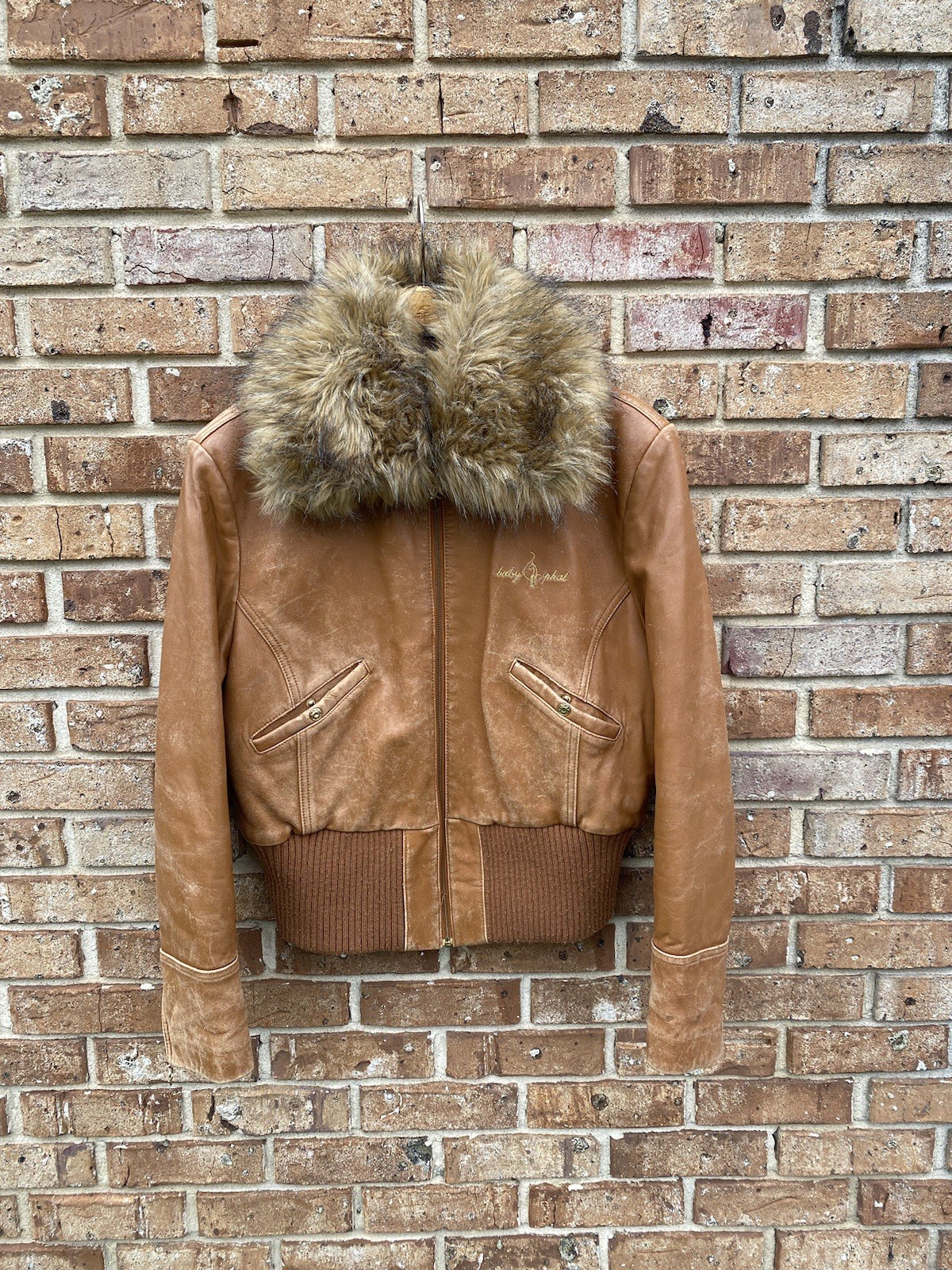 Vintage Baby Phat Leather Jacket Women’s XXL Brown Faux Fur Hooded Embroidered