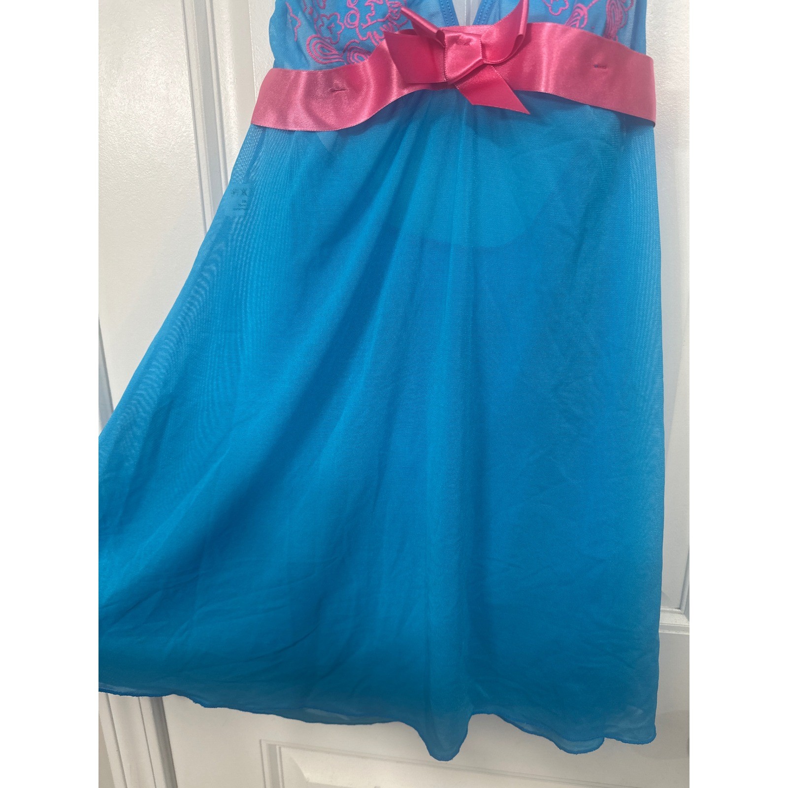 Espirial Lingerie Bright Blue Pink Floral Mesh Halter Babydoll Chemise Nightie