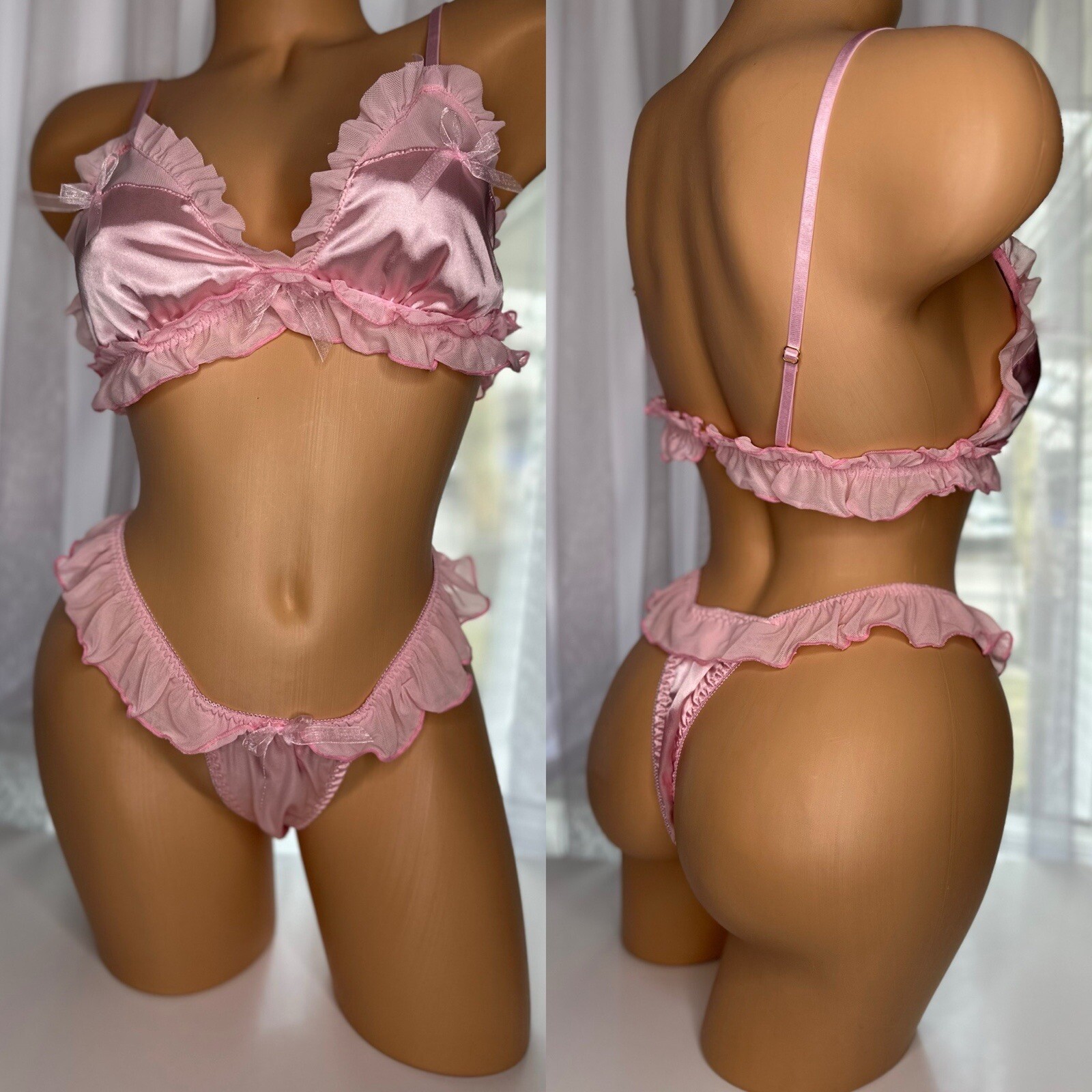 Large 7 L Shiny Satin Bralette Thong Panty Chiffon Ruffles Coquette Vtg Bra Set