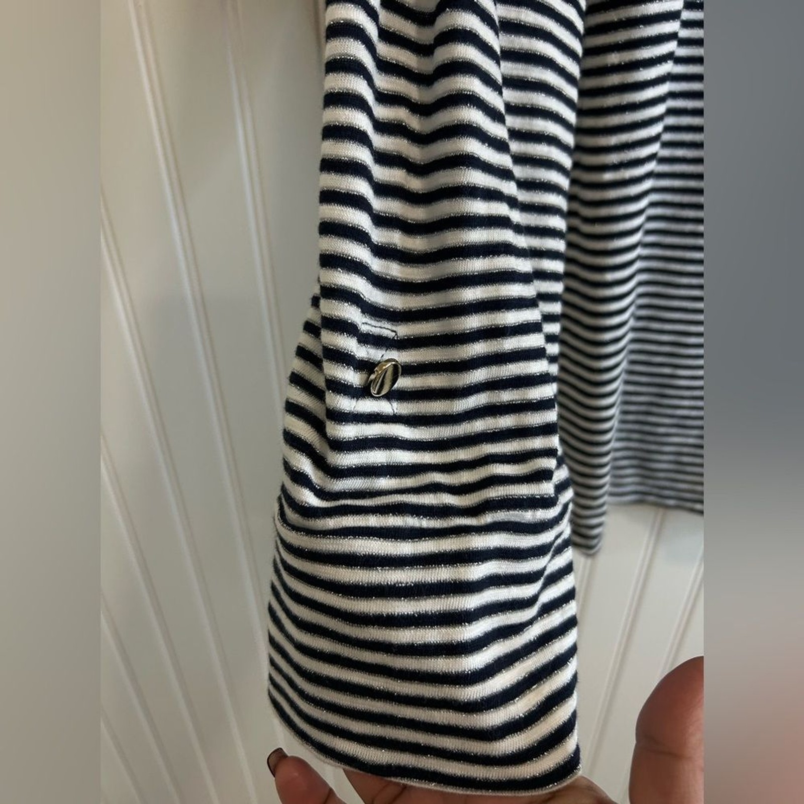 Chico’s women Black and White Striped Top with Metallic Accents.cotton modal .