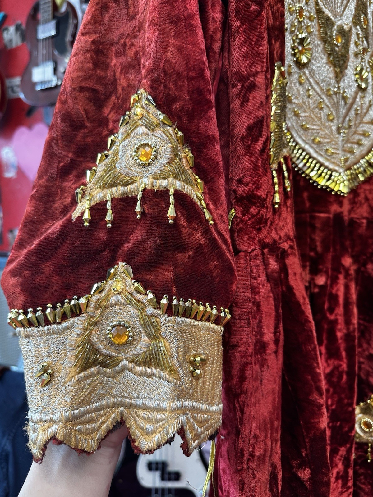 Handmade Women’s Red Velvet Gown Embroidered Beaded 1960’s Vintage Regal Costume