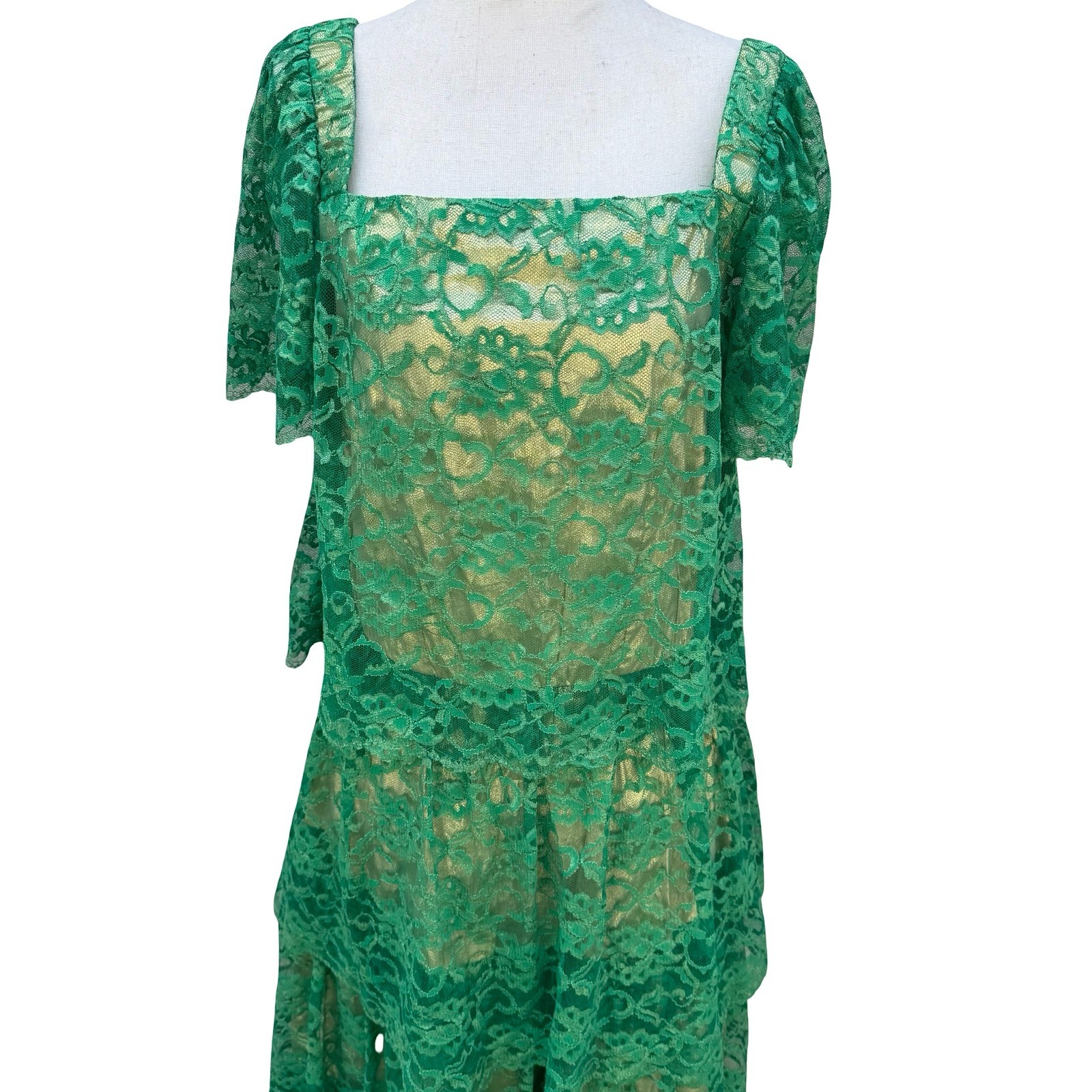 Vintage Green Floral Lace Gold Metallic Tiered Maxi Dress Square Neck Handmade