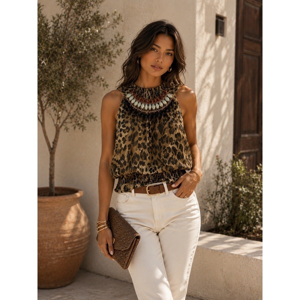 Vintage Cache Leopard Print Halter Top Beaded Bib Neck Smocked Blouse XS