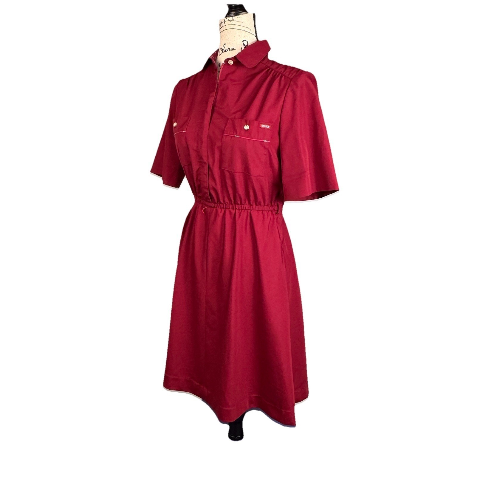 Sasson Short Sleeve Shirt Dress Vtg 70’s Maroon Paisley Trim Cotton Retro Preppy