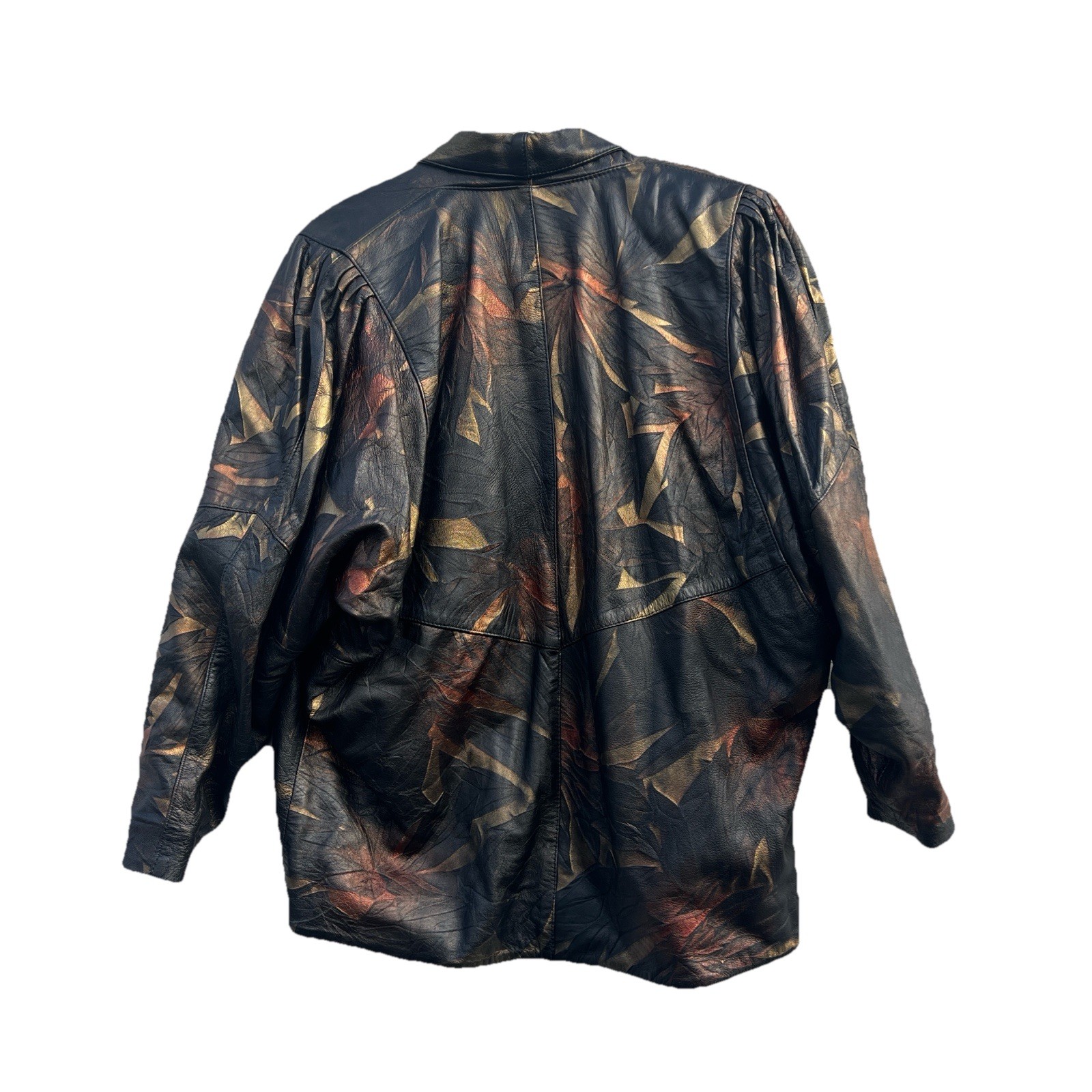 Vtg Leather Jacket Vural Styled By Erica Nef,Brown Gold, Abstract Leaf Pattern M