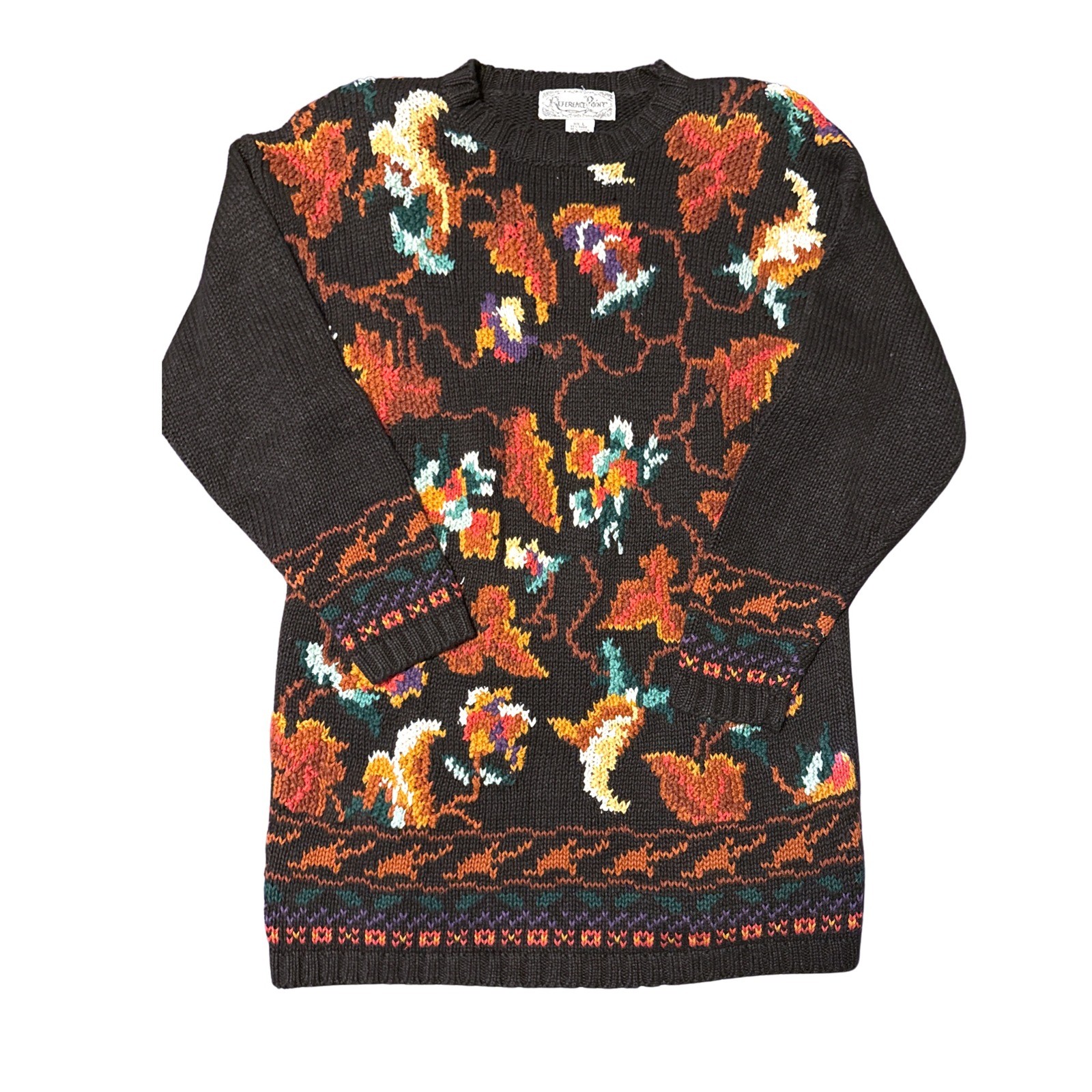 Reference Point Vtg 90s Sweater L Black Floral Cotton Cottagecore Whimsigoth