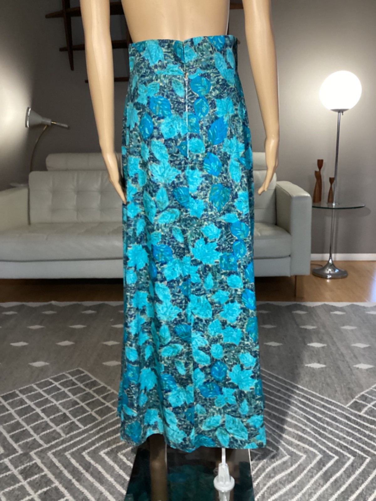 Vintage 50s 60s Turquoise Blue Leaf Pattern Cotton Long Maxi Skirt