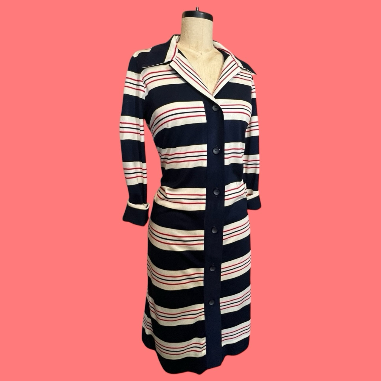 60s VINTAGE Serbin Striped Swingin Sixties Shift Shirt Dress Mod Scooter Girl