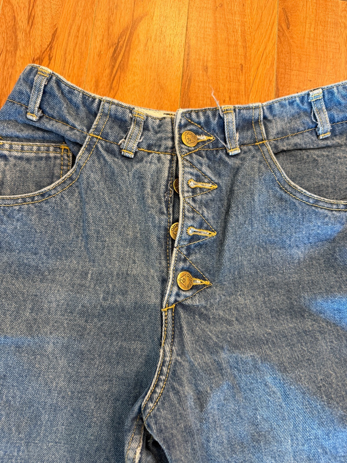 👖 Vtg 80s Made in USA Buttonfly High Waist Light Wash Guess Jeans Logo 28/29