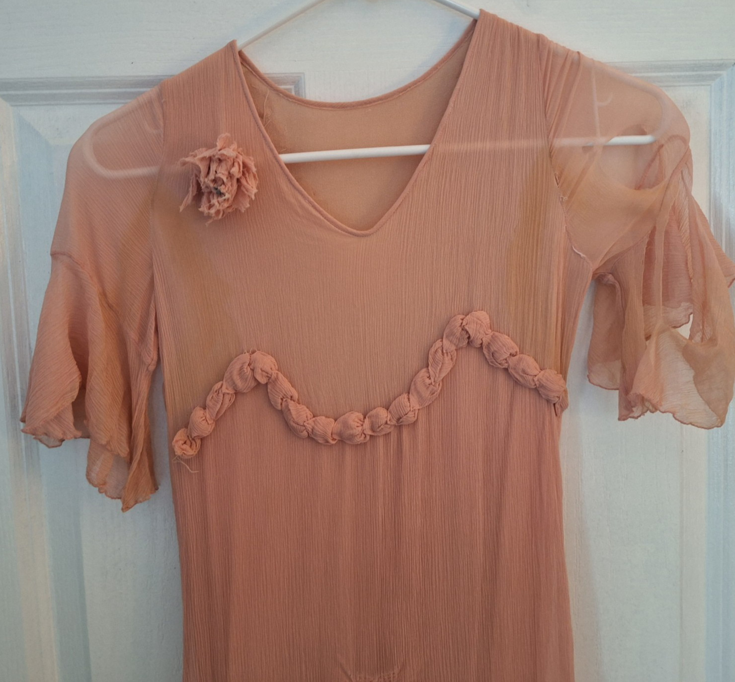 Antique 1930s Peach Chiffon Dress Rosette Trim Flutter Sleeve AS IS Art Deco