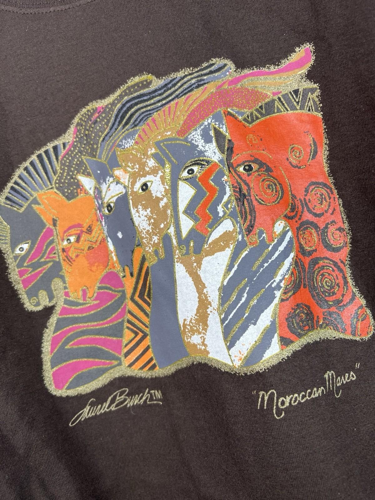VTG Laurel Burch Morrocan Mares TShirt Brown Size XXL ART Tee Artistic Apparel