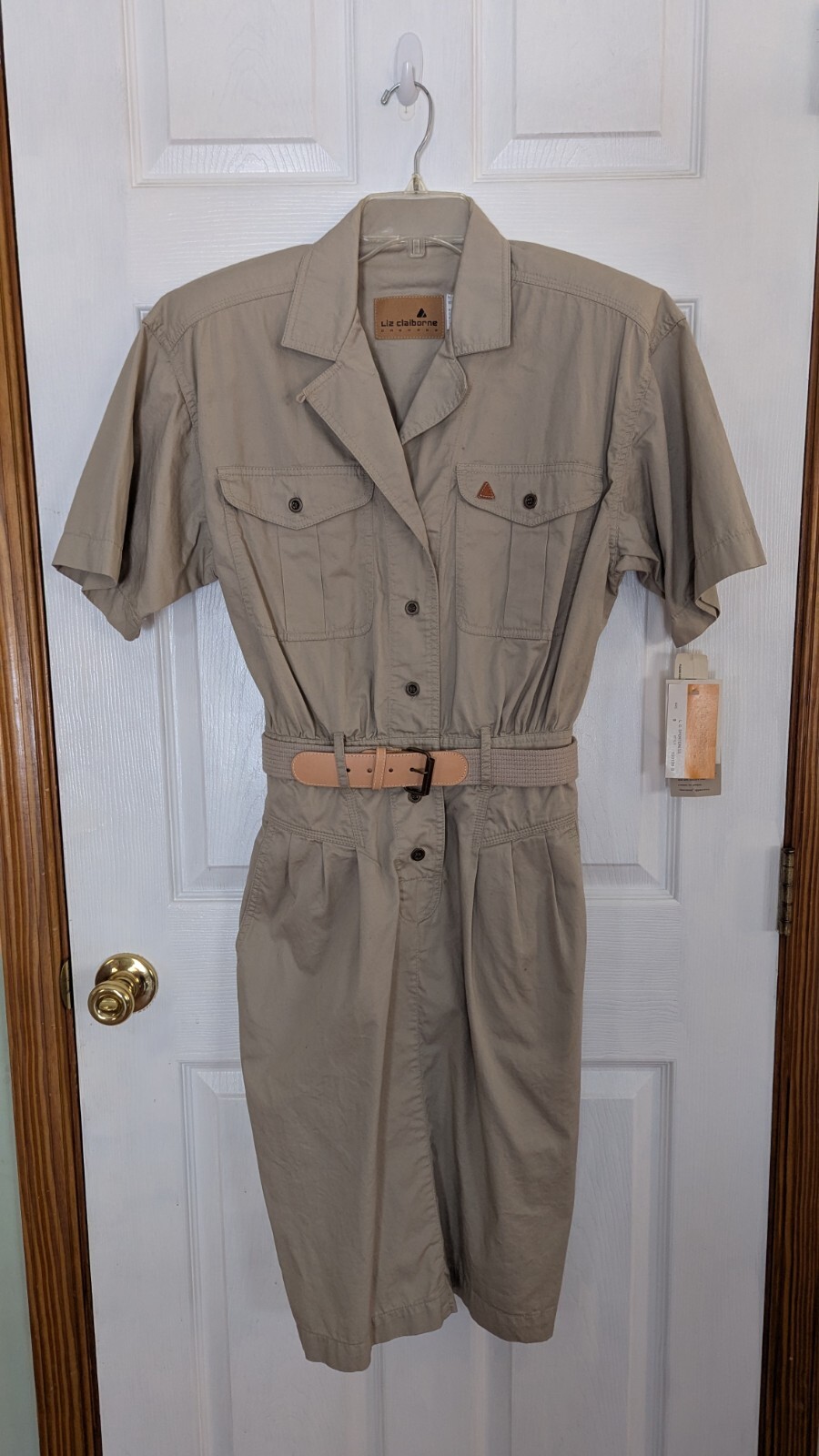 Vintage Liz Clairborne Dress Tan 100% Cotton Belt Pockets Collar Sz 8 New Tags