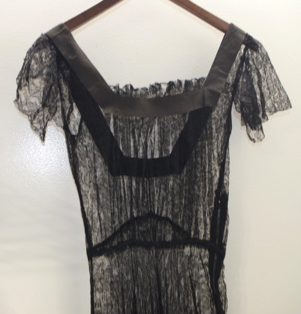 T3 ANTIQUE 1920’S SHEER BLACK French Lace Long DRESS Hand Sewn Grosgrain Ribbon