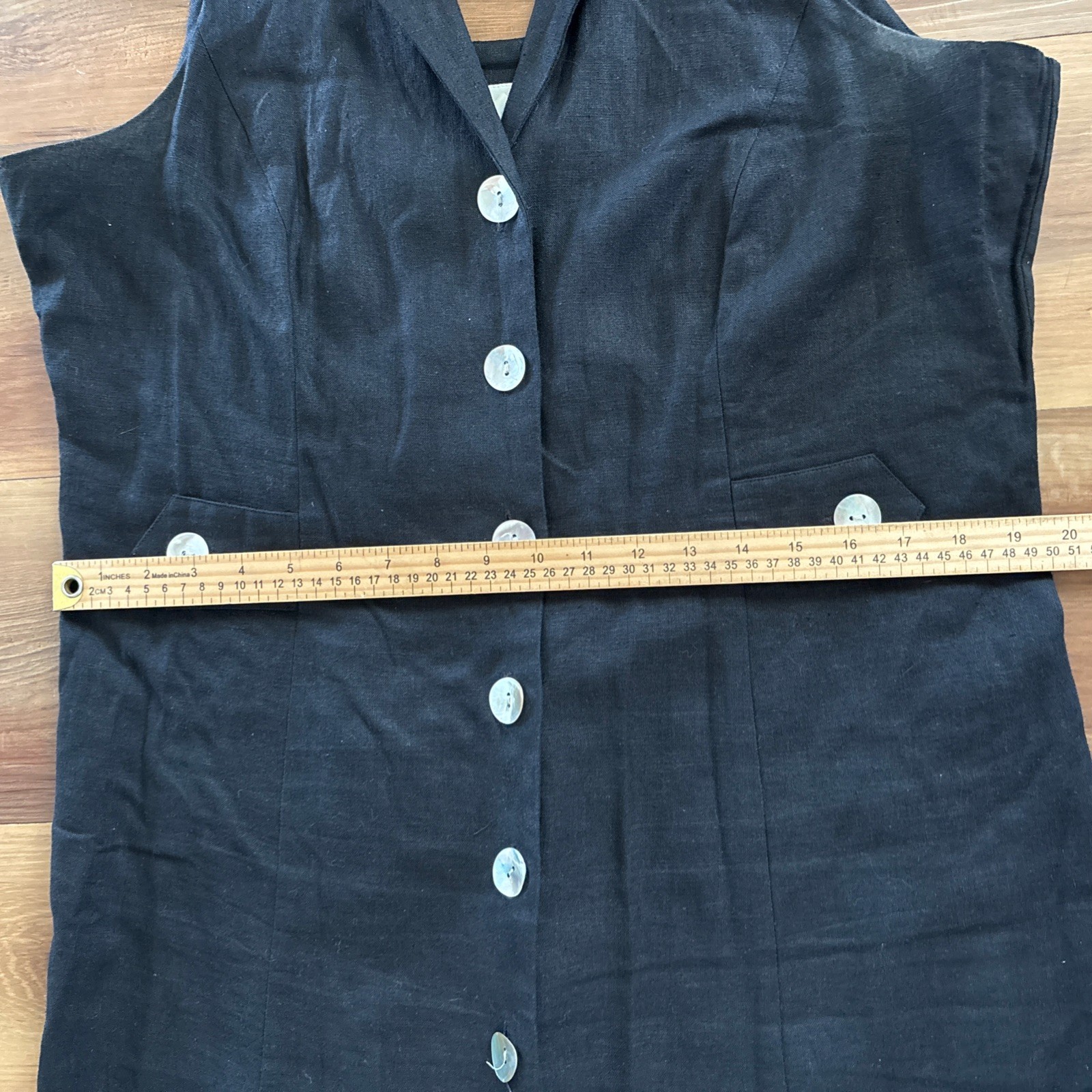 Vtg 90s Linen Blend Black Collared Sleeveless Mother Of Pearl Maxi Dress Size 14