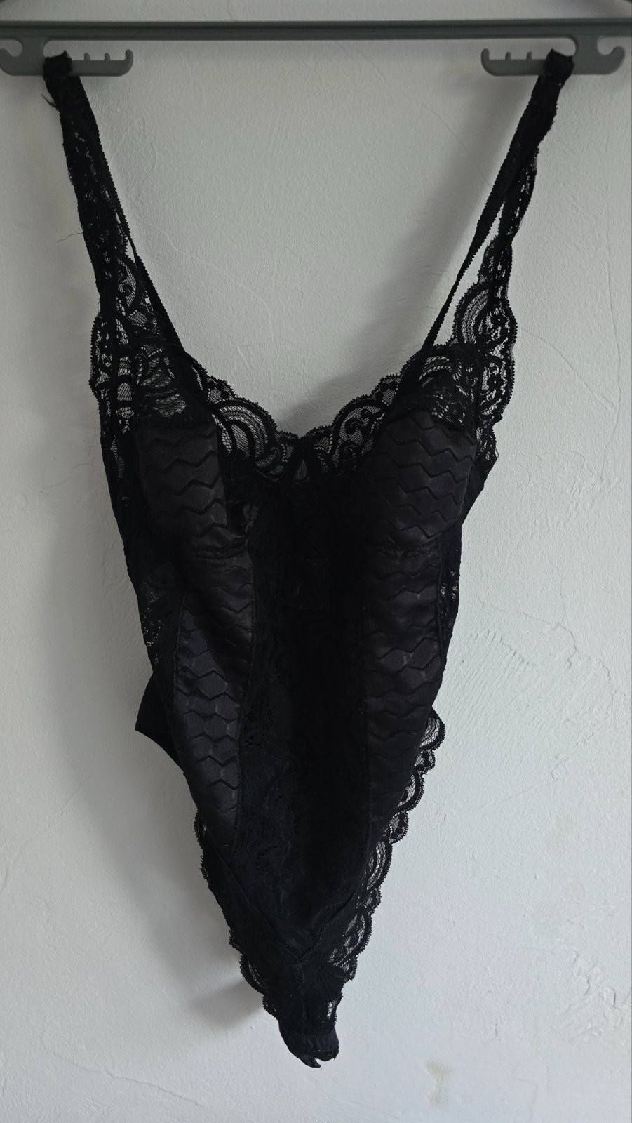 Vintage 80s MISS LEPEL Black Bodysuit Nylon Blend Guipure Inserts. Size 3
