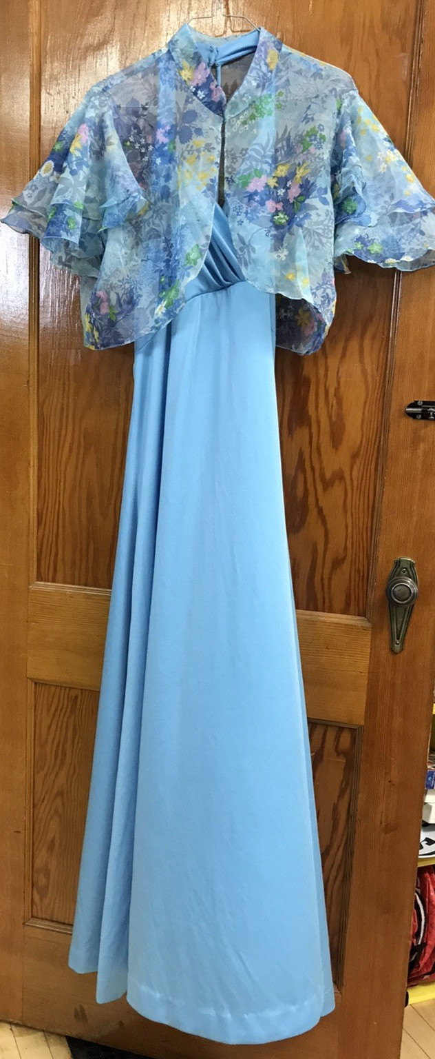 Vtg 1970s Halter Maxi Dress Pastel Floral Sheer Capelet Set Cottagecore