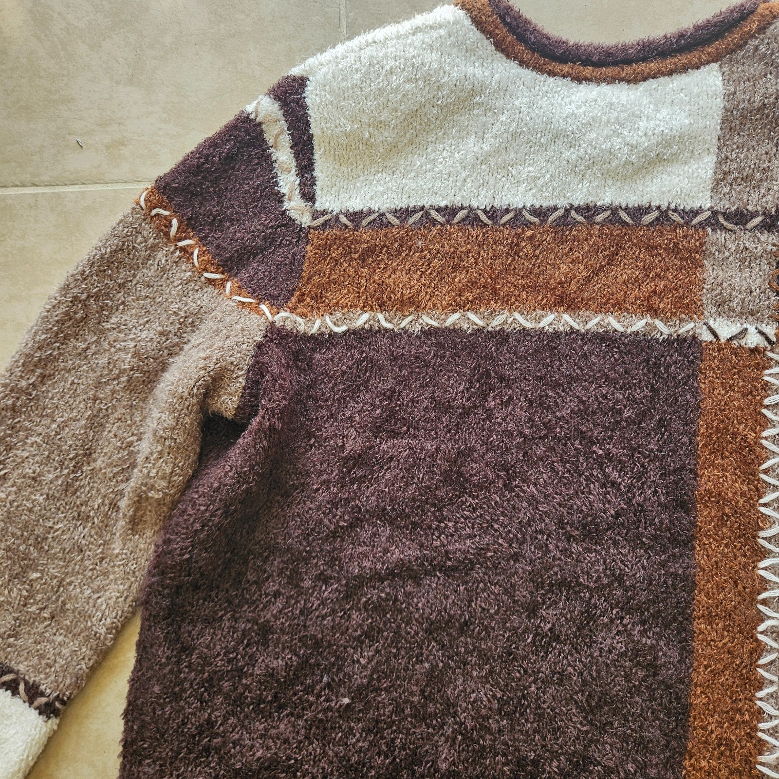 Vintage CJ Banks Sweater Womens 3X Brown White Tan Mohair Blend Fuzzy Pullover