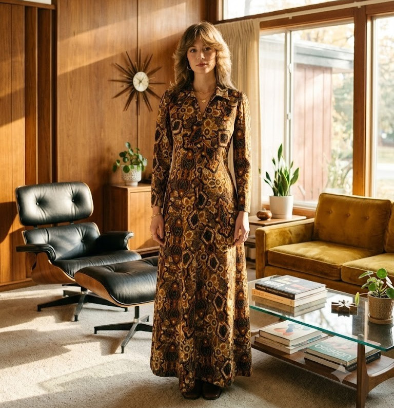 Vintage 70s Boho Psychedelic Paisley Floral Maxi Dress Earth Tones Medium Hippie