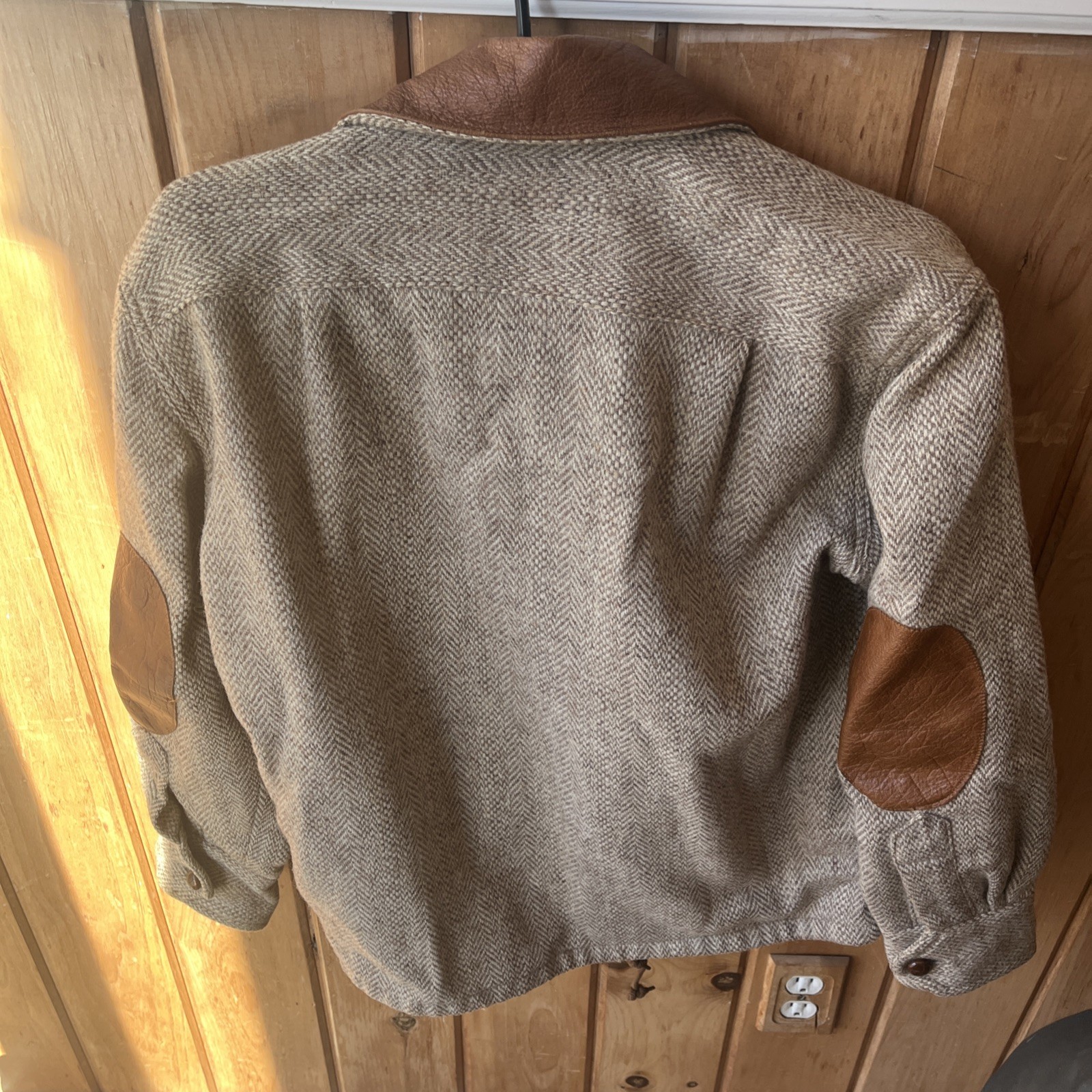 Vtg Harris Tweed Wool Jacket Size S Brown Leather Elbow Patch & Collar Zip READ
