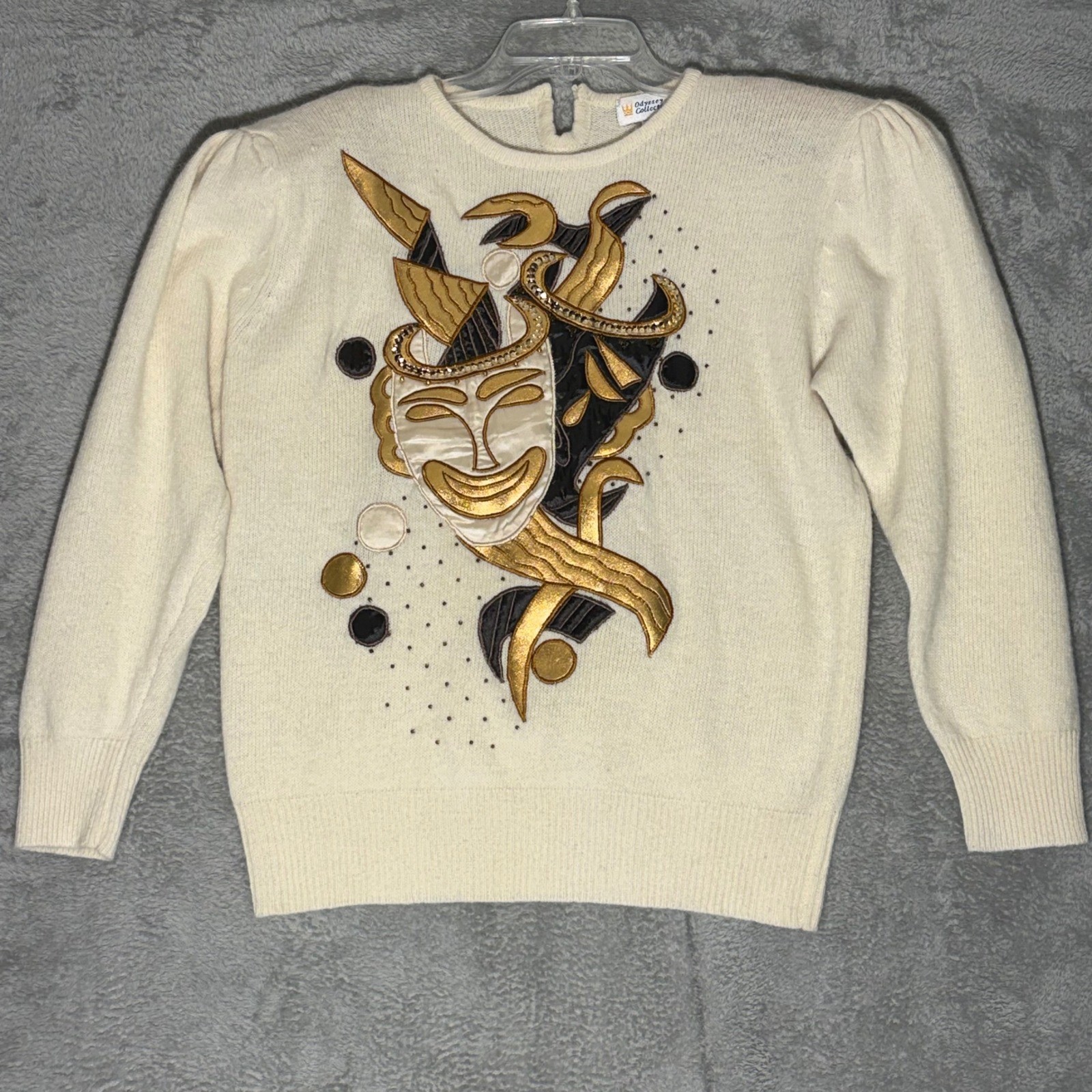 Odyssey Vintage 80s Theater Mask Embroidered Puffed Shoulder Sweater Size Medium