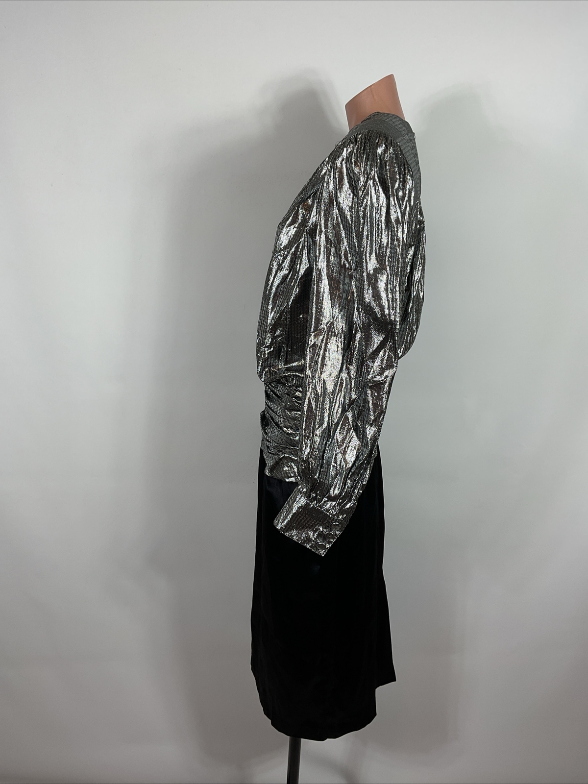 Vintage 80s Prom Dress Gown Puffy Sleeve Shiny Lame Satin Cocktail Evening 12