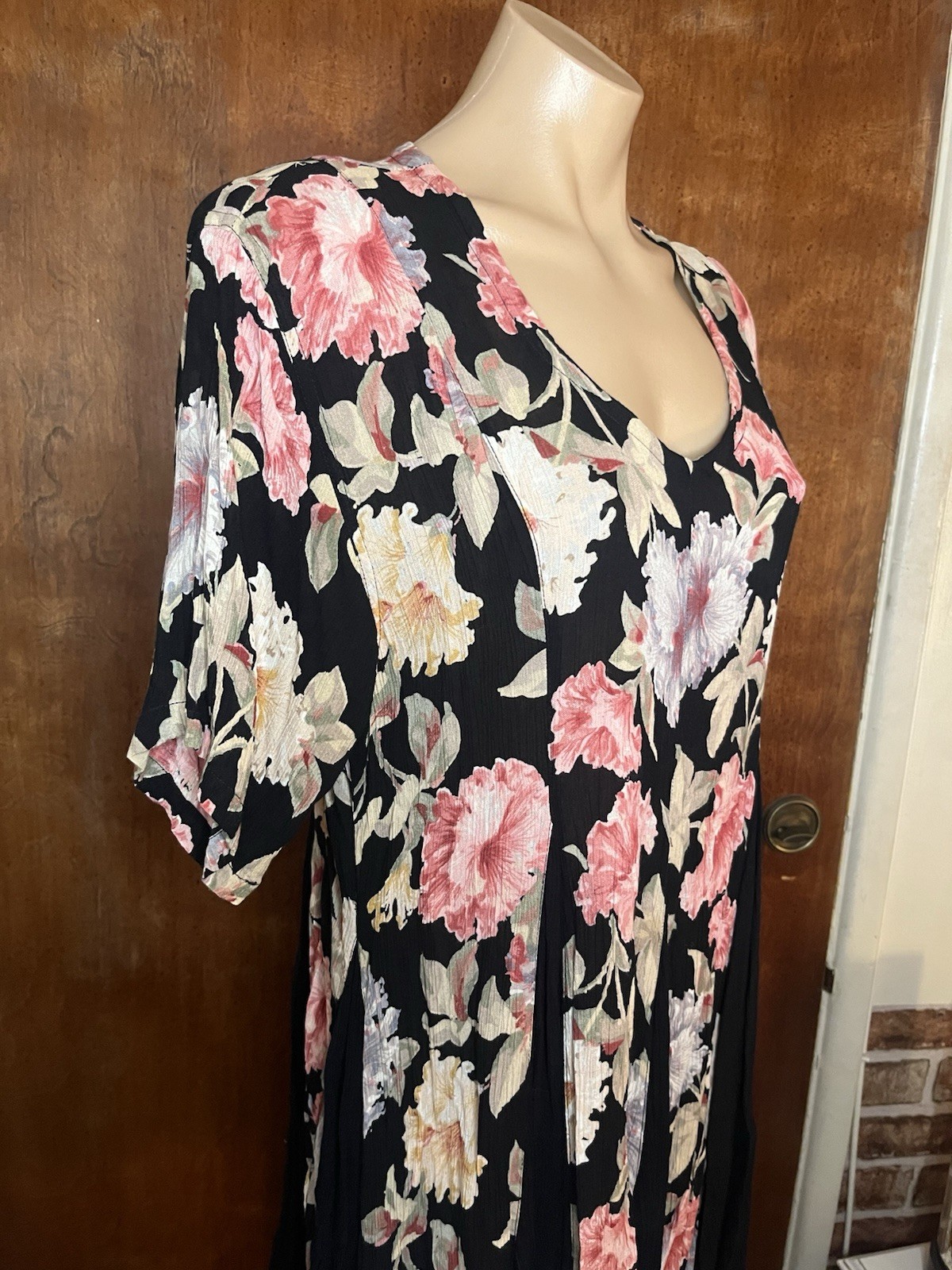 VTG Starina 90s Babydoll Dress in Black Pink Floral Whimsy Grunge Pull-Over~M