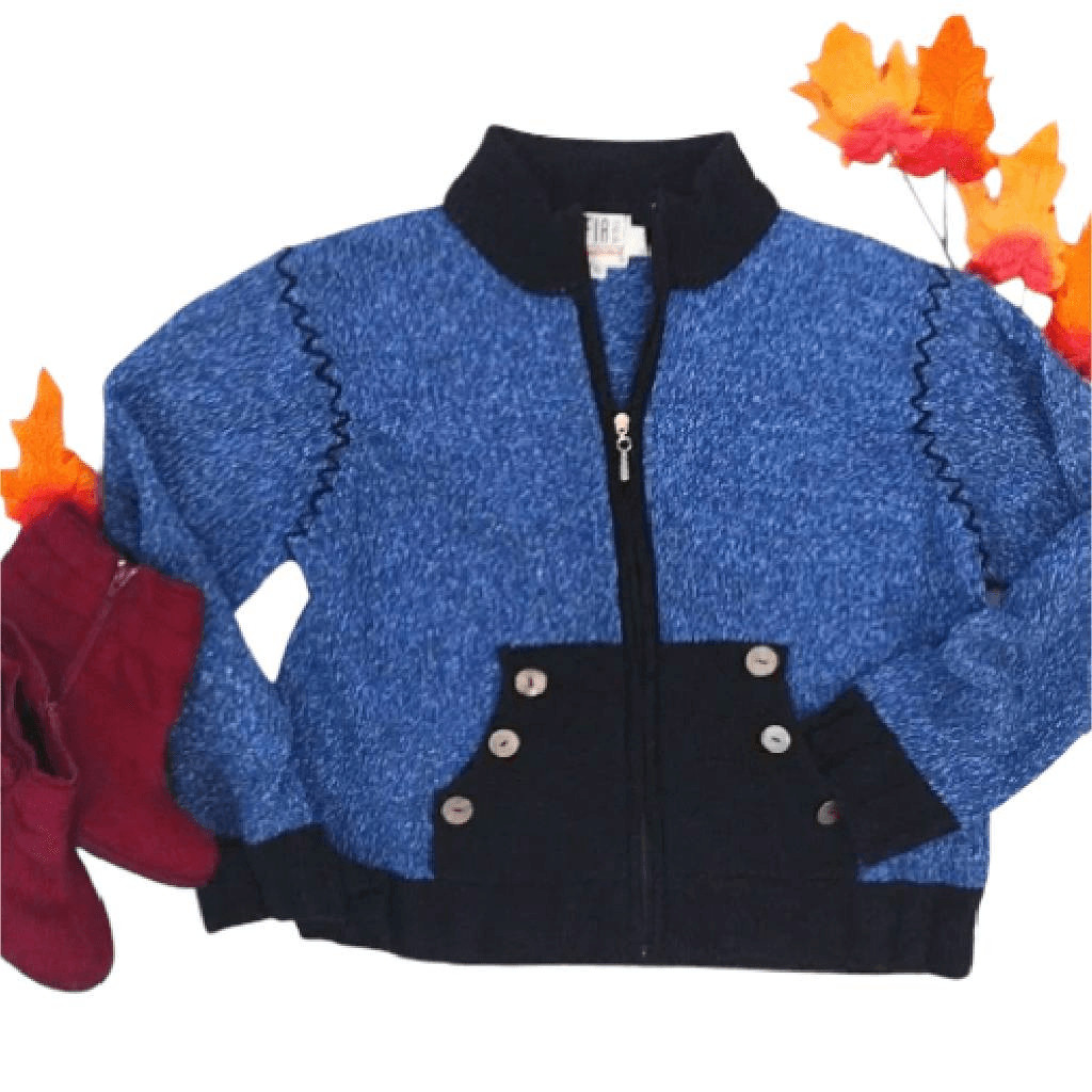 VTG 80s 90s Fia Italia Handloomed Blue Black Knit Zip Cardigan Sweater XL