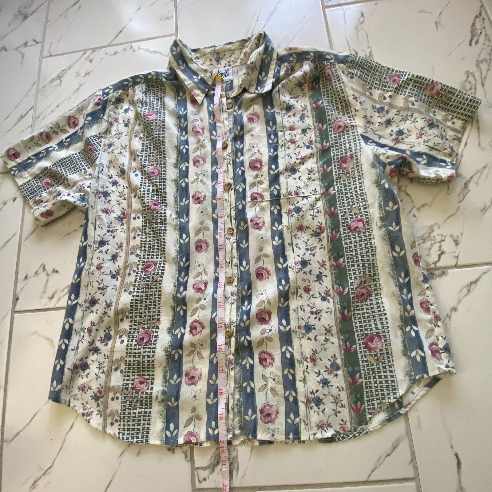 Tapsilo Vintage Womens Button Front Floral Patchwork Blouse Short Sleeve Large