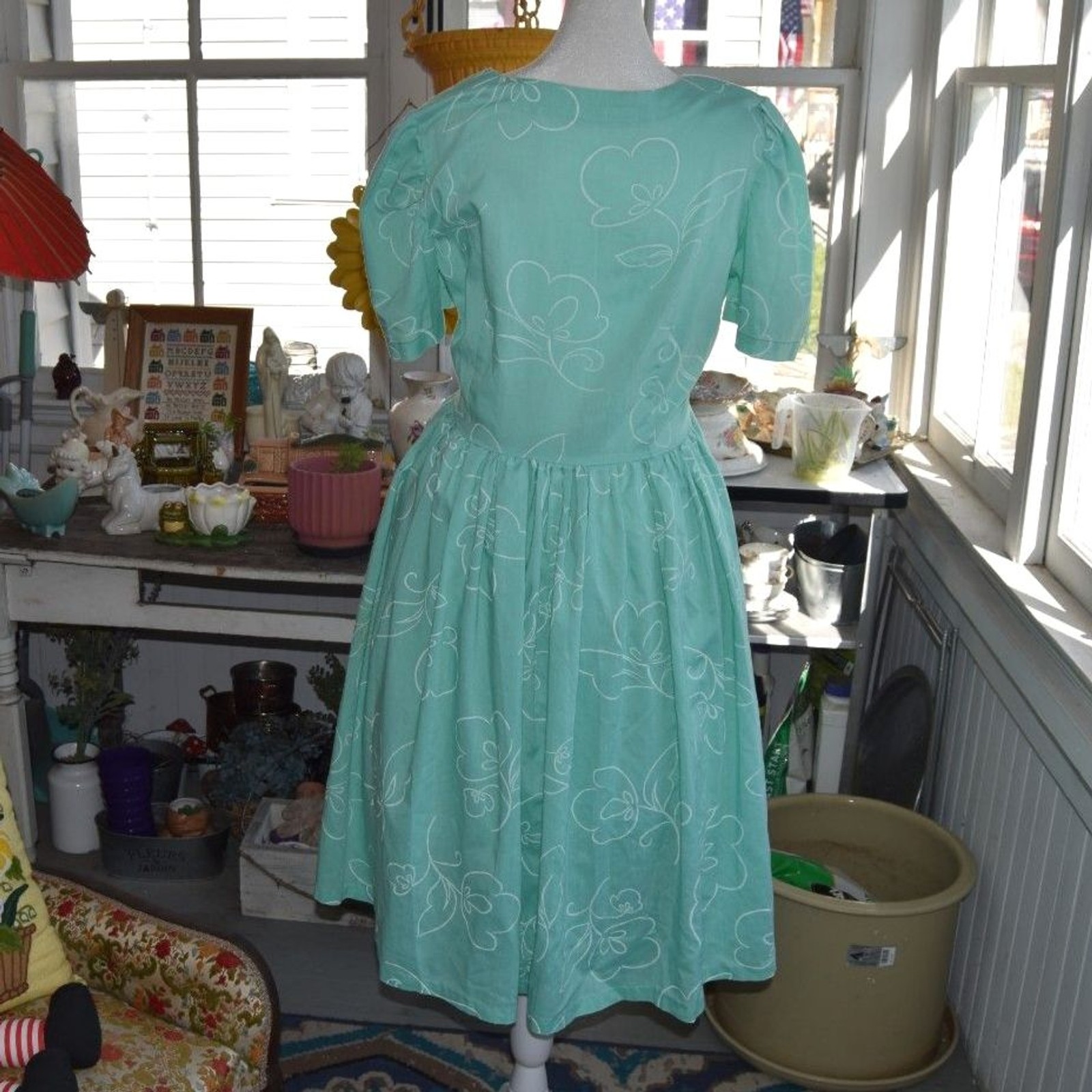 Vintage 80s Mint Green Floral Dress Puff Sleeve Cottagecore Prairie M
