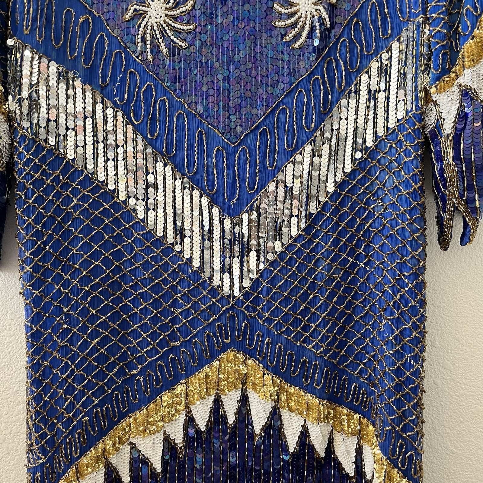 Vintage 80’s Chanson D’Amour Womens Flapper Dress 100% Silk Sequin Beaded Blue