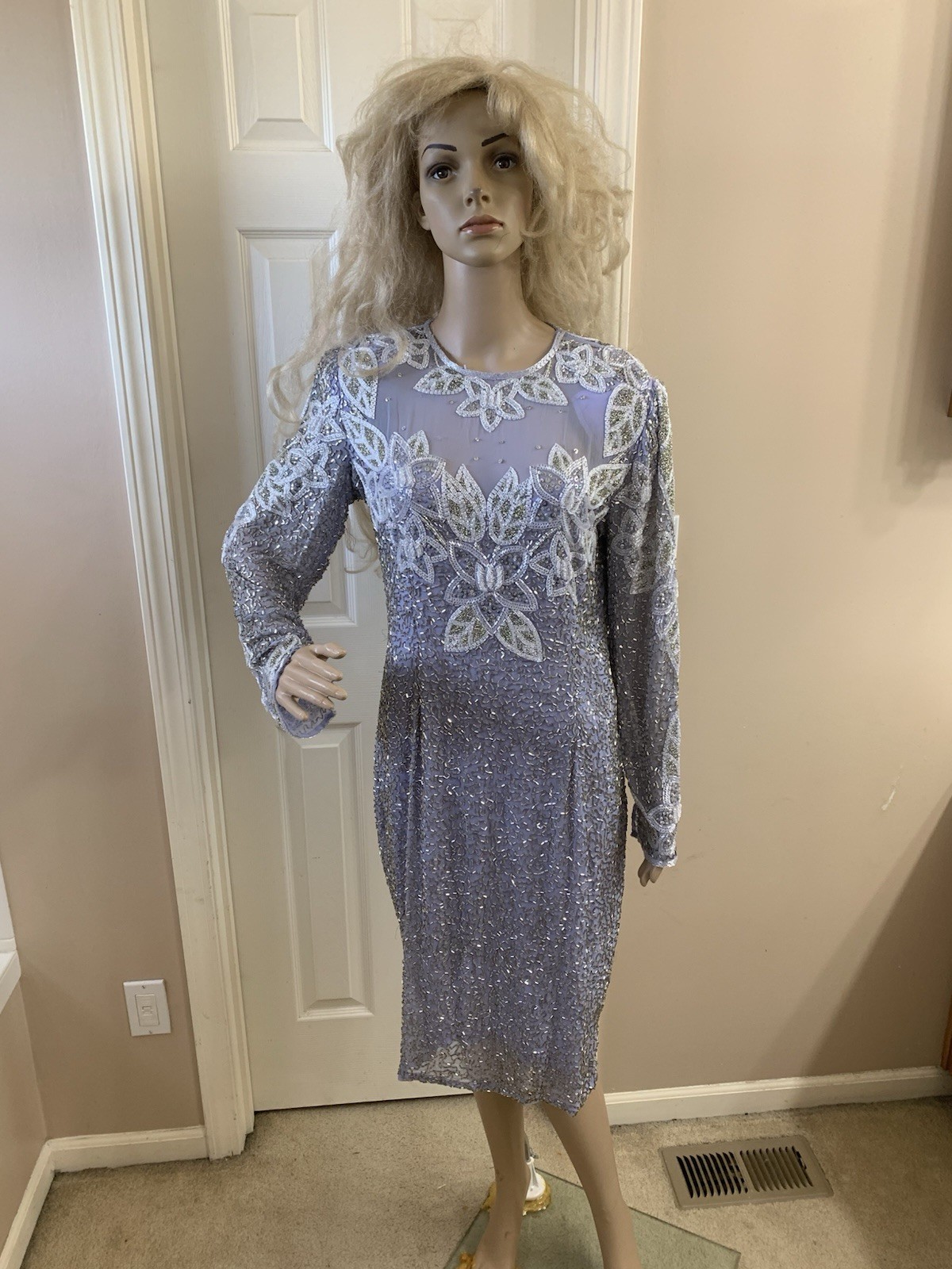 Vintage 80’s Lavender Purple Silver Sequin White Beaded Formal Church Dress