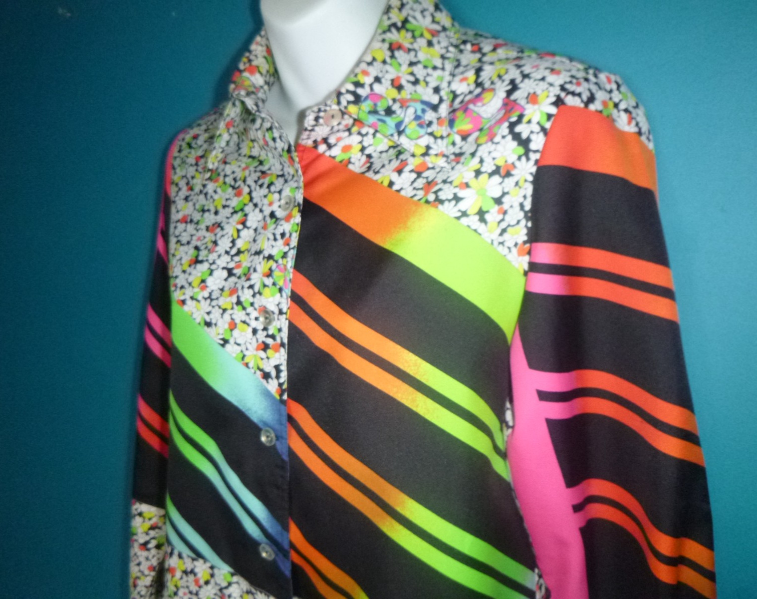 Vtg 70s King James California GROOVY Blouse Shirt MOD Floral Neon Stripes Sz S/M