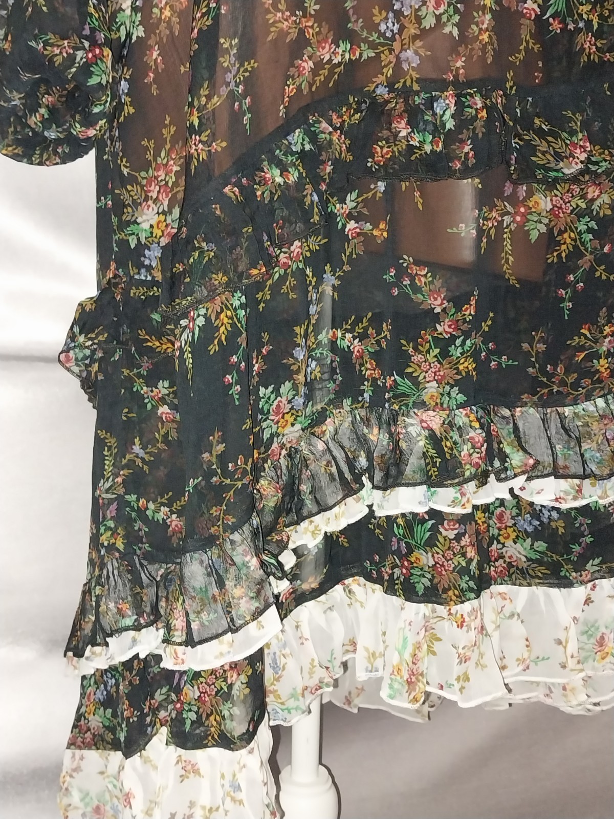 Vtg Silky Nylon Viscose CHIFFON Jade Floral Opaque Ruffles Poets Nightgown 48″
