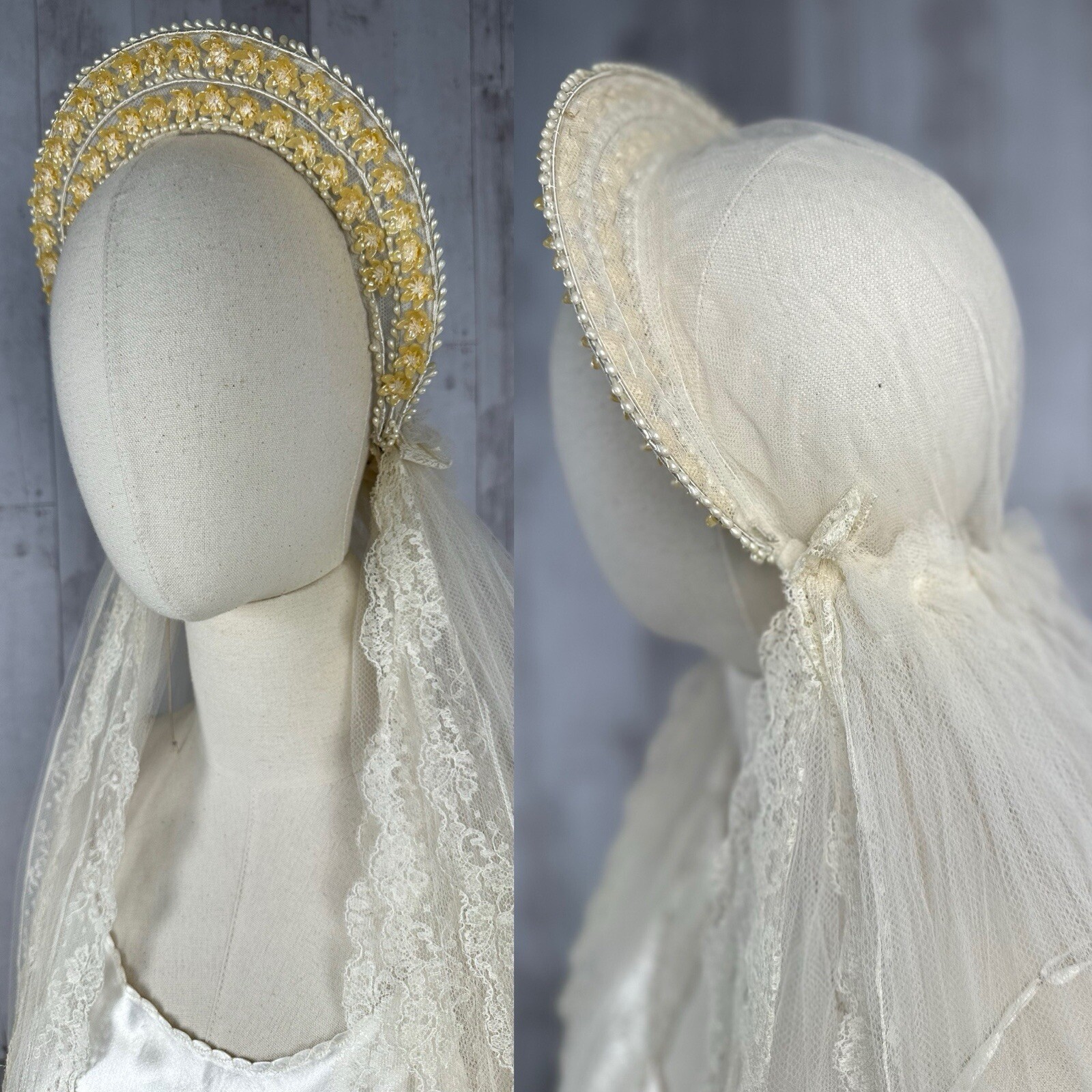 🌷1920s Art Deco Liquid Satin Wedding Gown / Bridal Dress Veil w/Wax Flowers