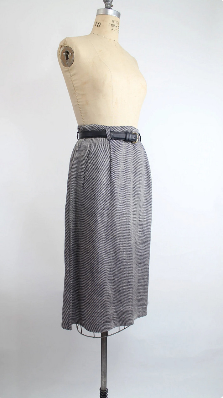 CALVIN KLEIN Vtg 1980s Silk Blend Wool Knit Diagonal A-Line Midi Skirt Linen 8